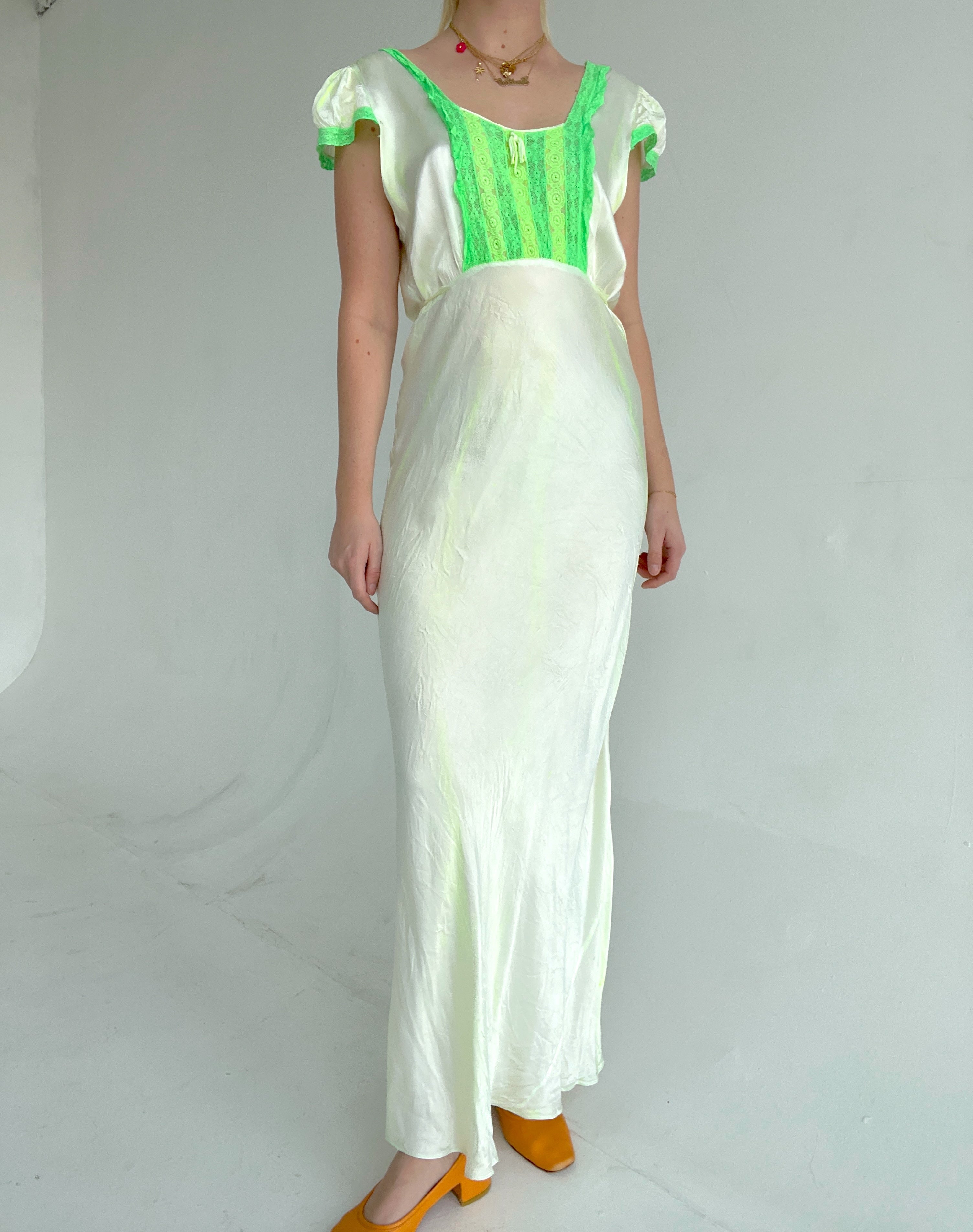 Hand Dyed Neon Green Satin Slip With Cap Sleeve