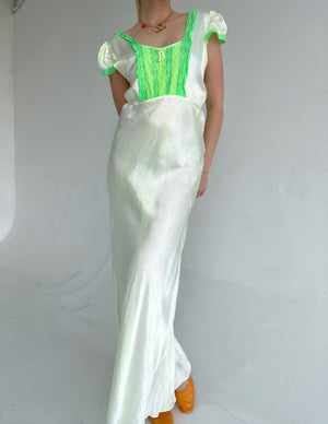 Hand Dyed Neon Green Satin Slip With Cap Sleeve