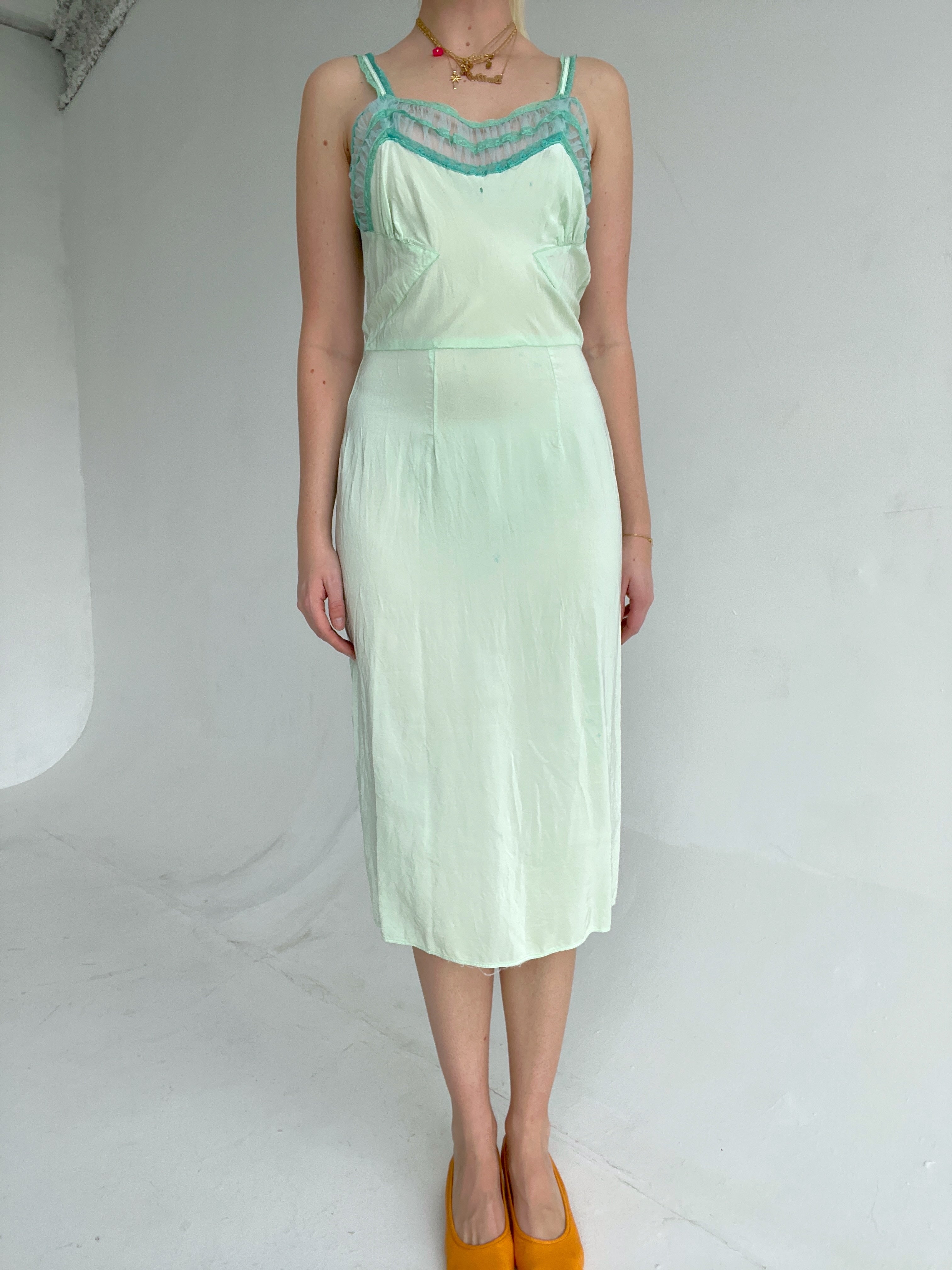 Hand Dyed Lagoon Green Slip with Tulle