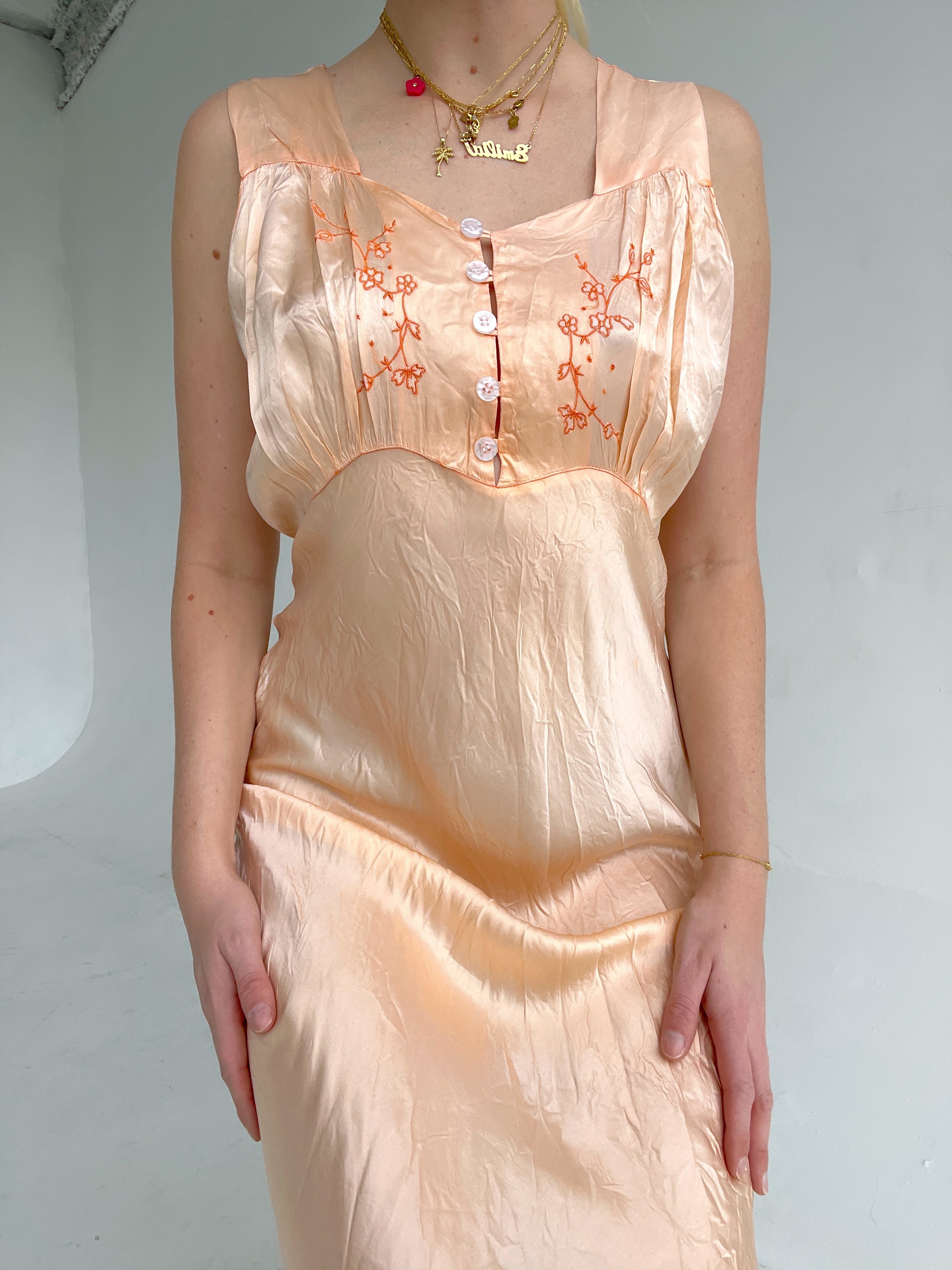 Hand Dyed Orange Satin Slip with Embroidery