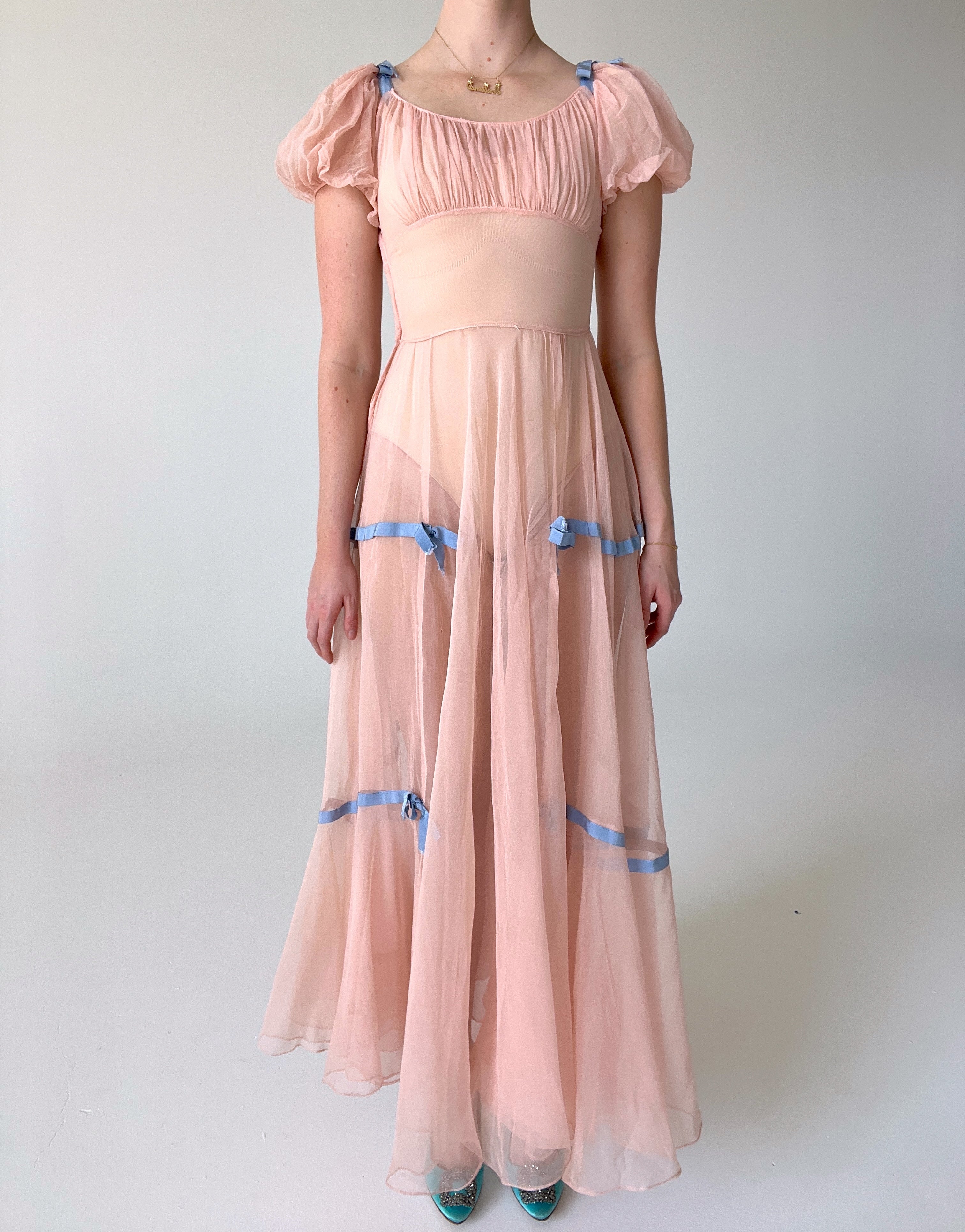 1930's Pink Puff Sleeve Chiffon Dress with Blue Bow Ribbons