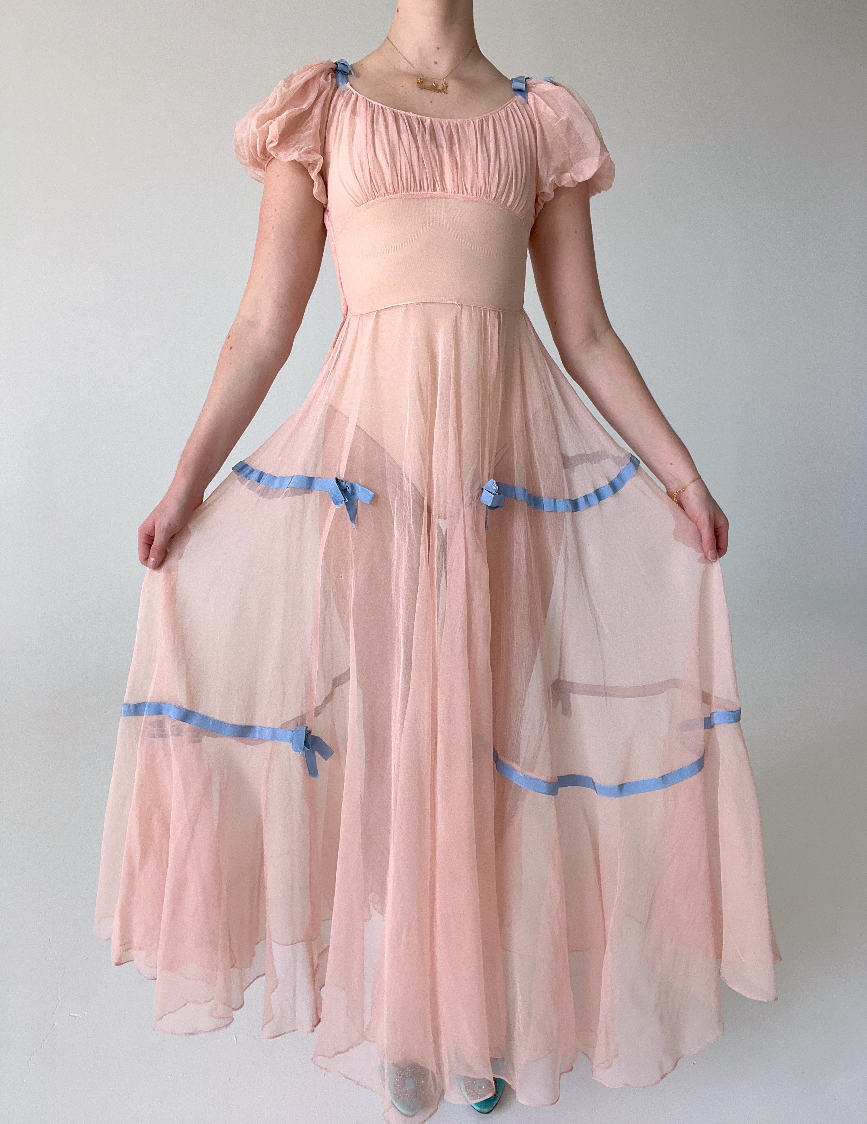 1930's Pink Puff Sleeve Chiffon Dress with Blue Bow Ribbons Eveliina Vintage 1930's Pink Puff Sleeve Chiffon Dress with Blue Bow Ribbons Eveliina Vintage