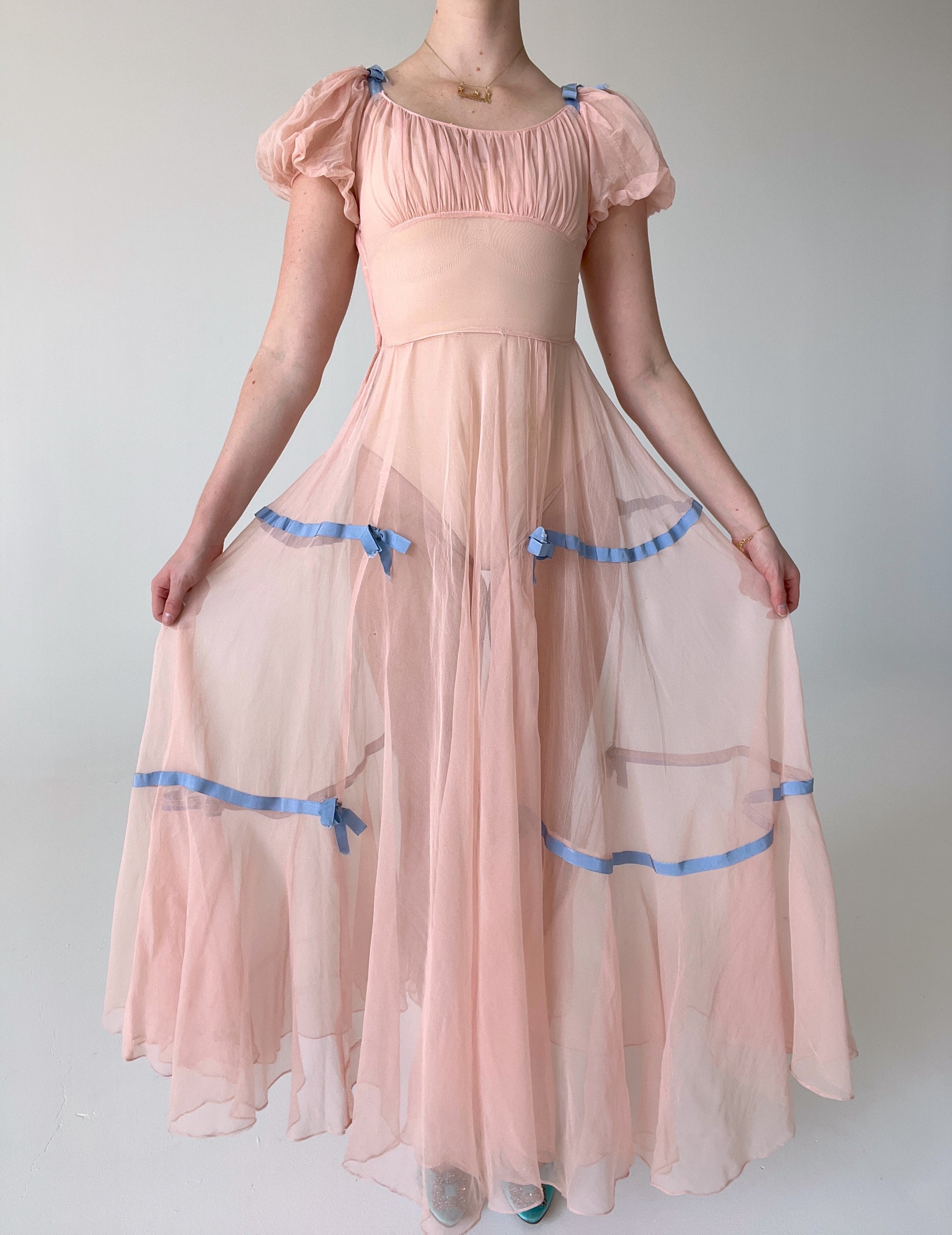1930's Pink Puff Sleeve Chiffon Dress with Blue Bow Ribbons – Eveliina Vintage