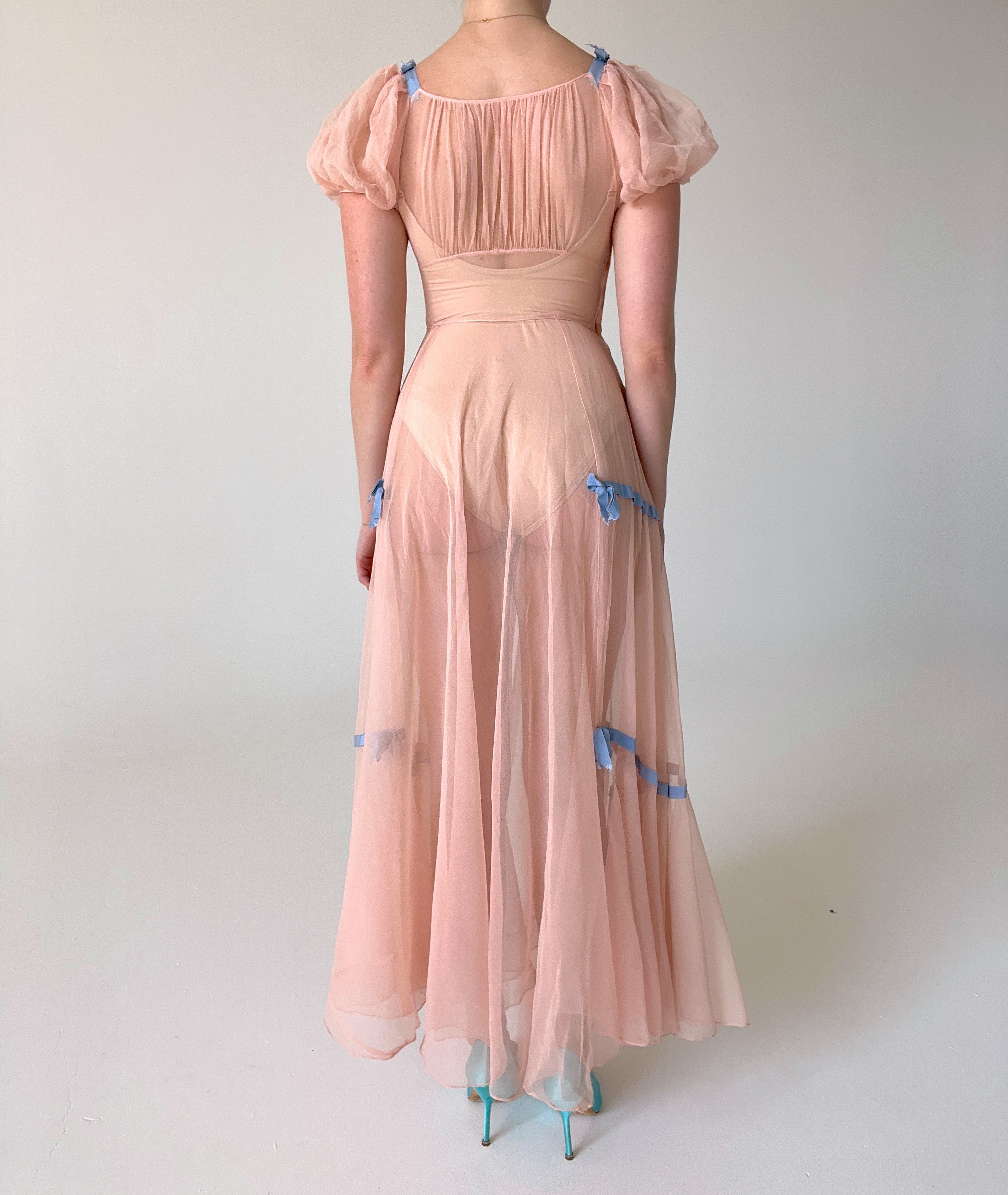 1930's Pink Puff Sleeve Chiffon Dress with Blue Bow Ribbons