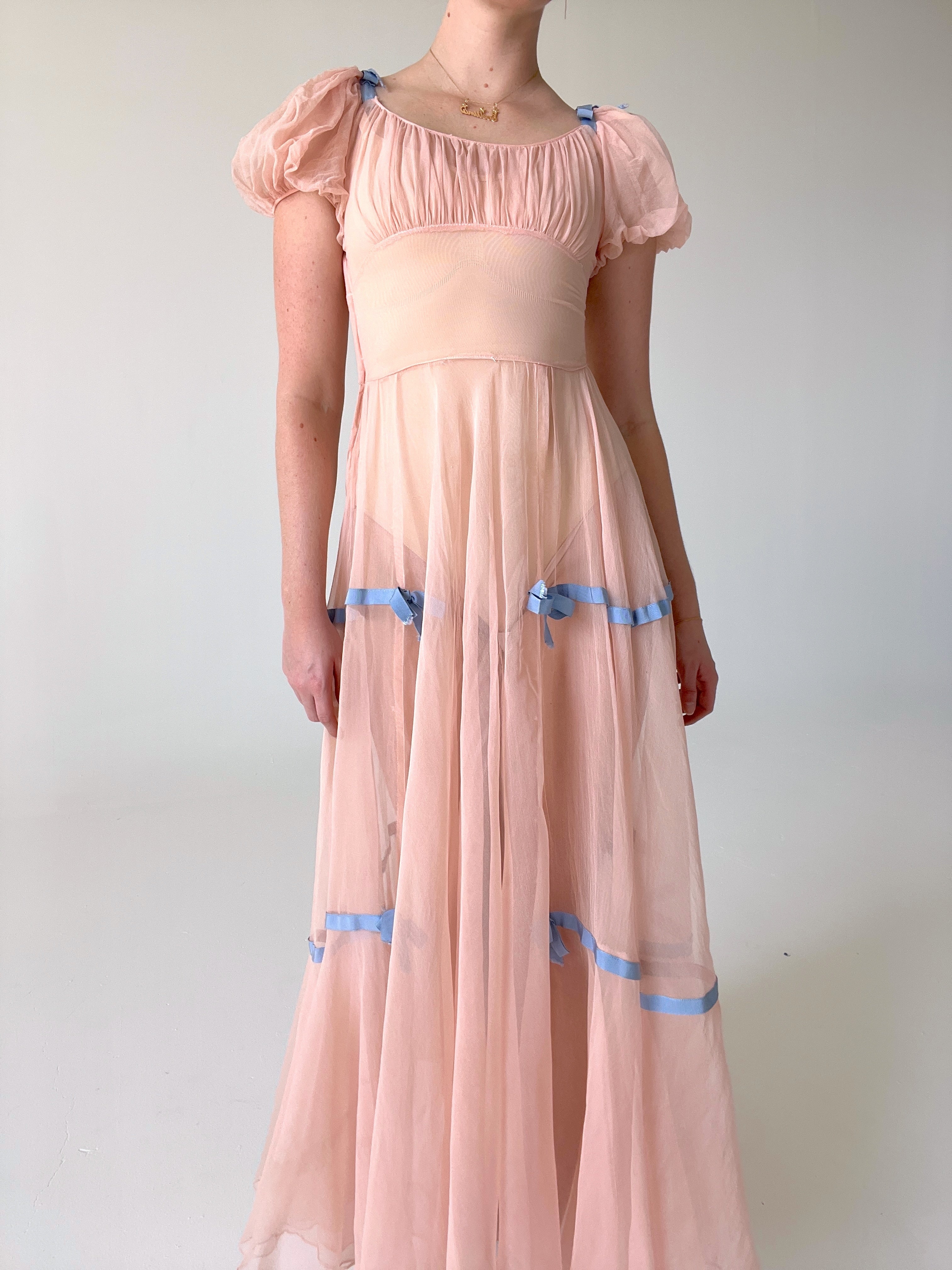 1930's Pink Puff Sleeve Chiffon Dress with Blue Bow Ribbons – Eveliina Vintage