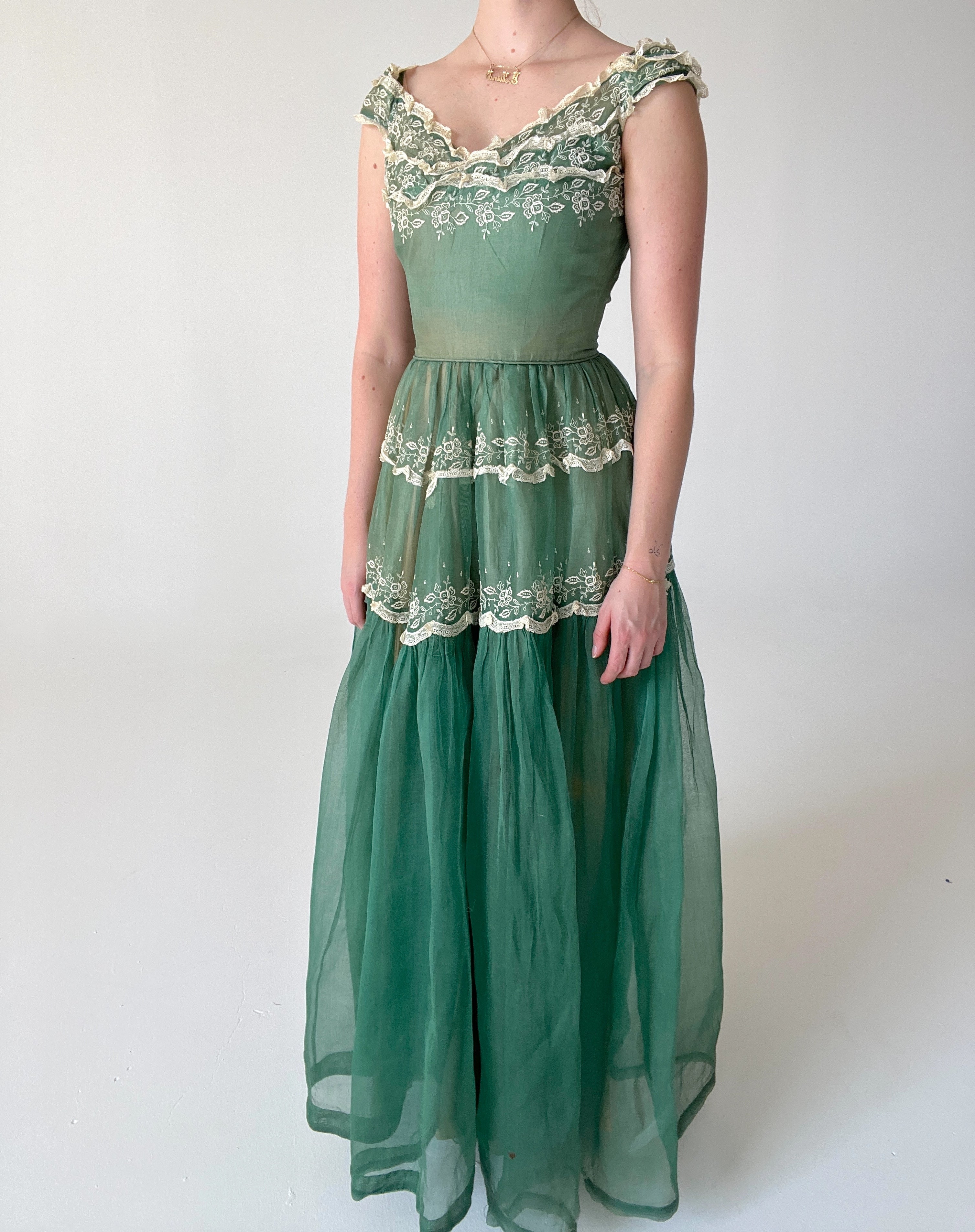 Forest Green 1930's Organza Gown with Leaf Embroidery