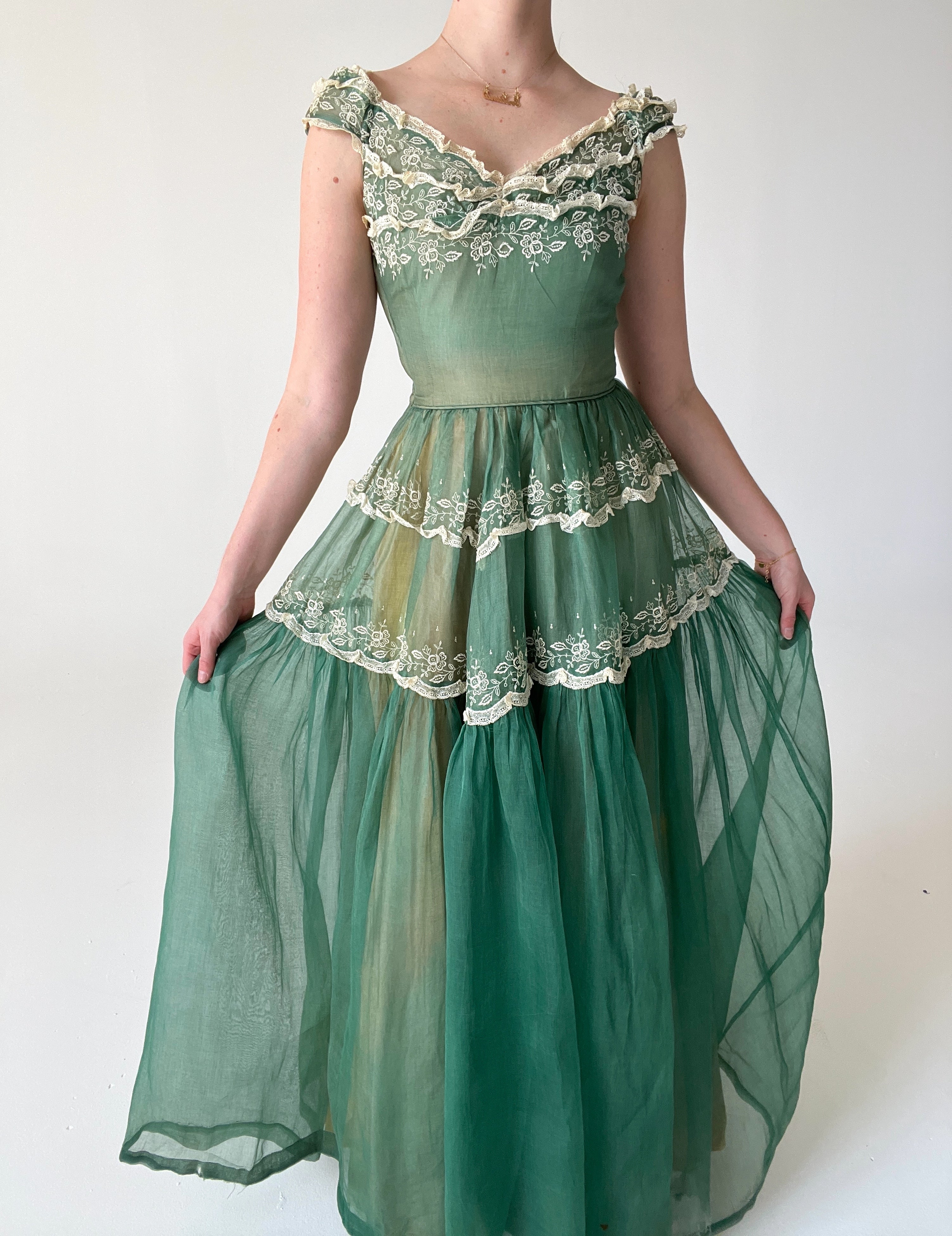 Forest Green 1930's Organza Gown with Leaf Embroidery