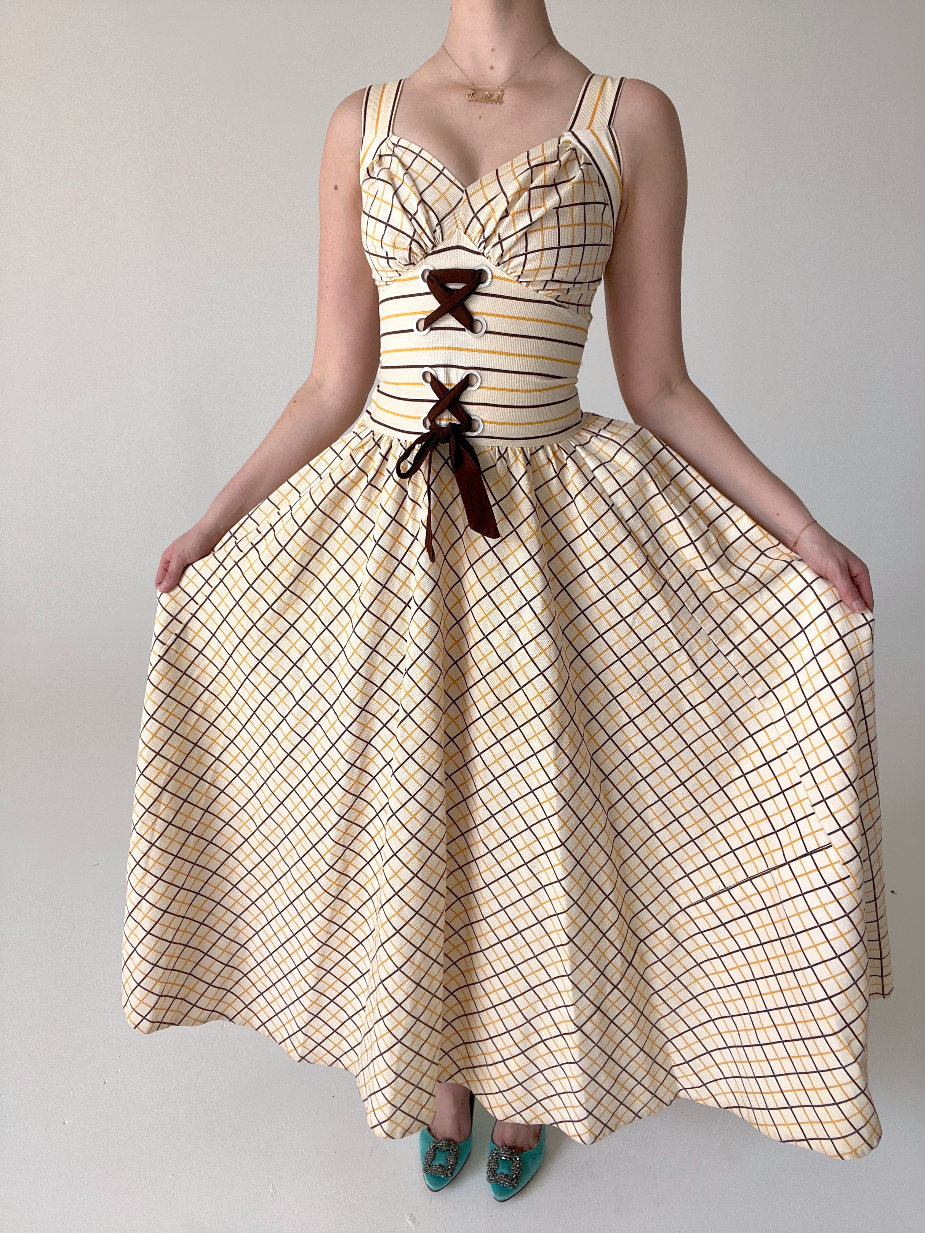 1940's Yellow and Brown Checkered Dress – Eveliina Vintage