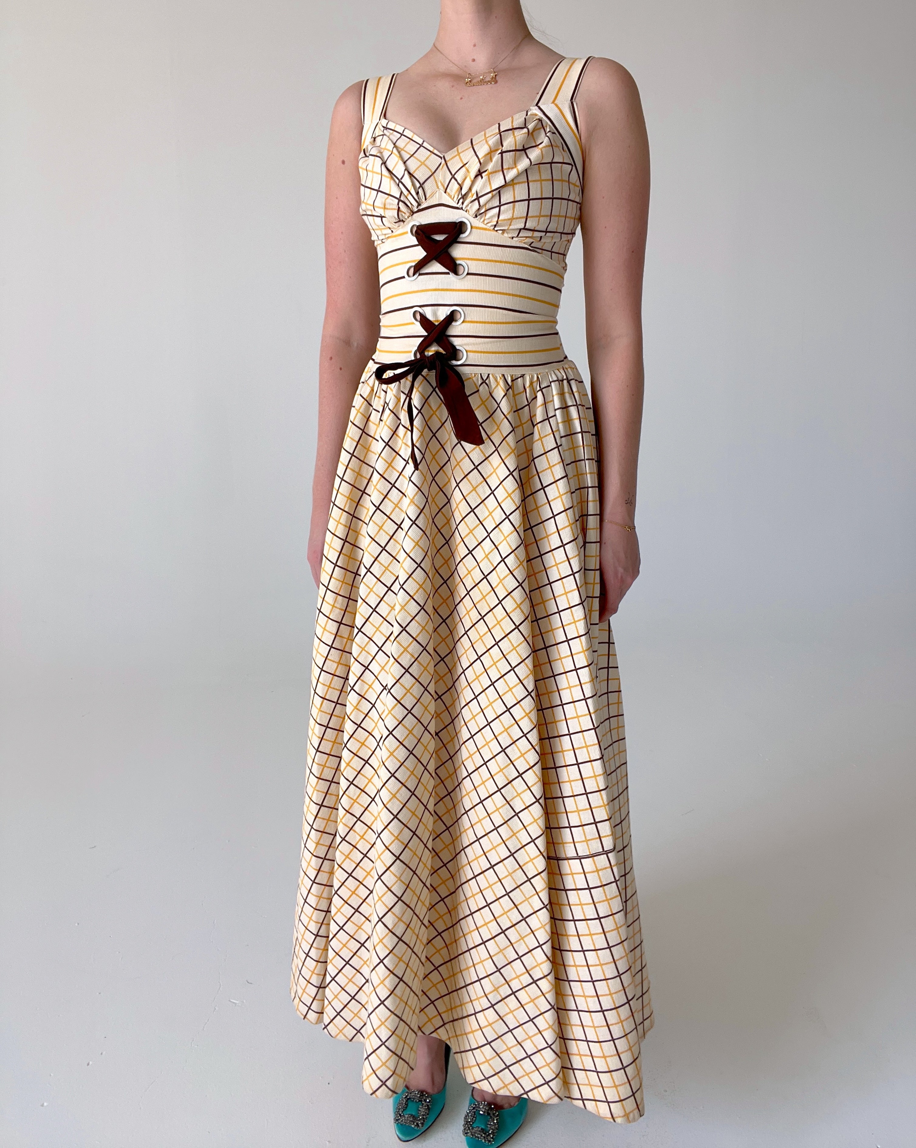 1940's Yellow and Brown Checkered Dress