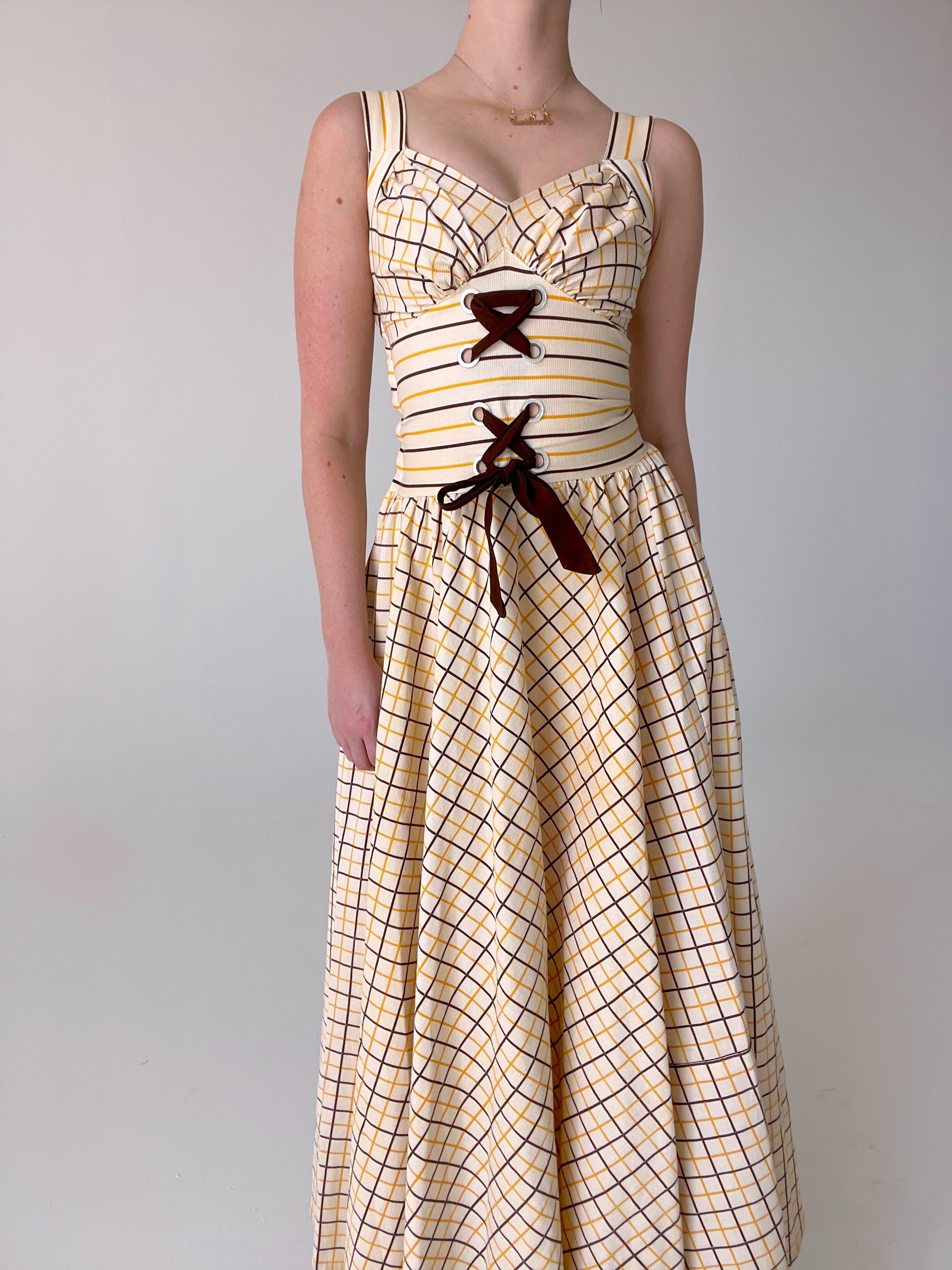 1940's Yellow and Brown Checkered Dress