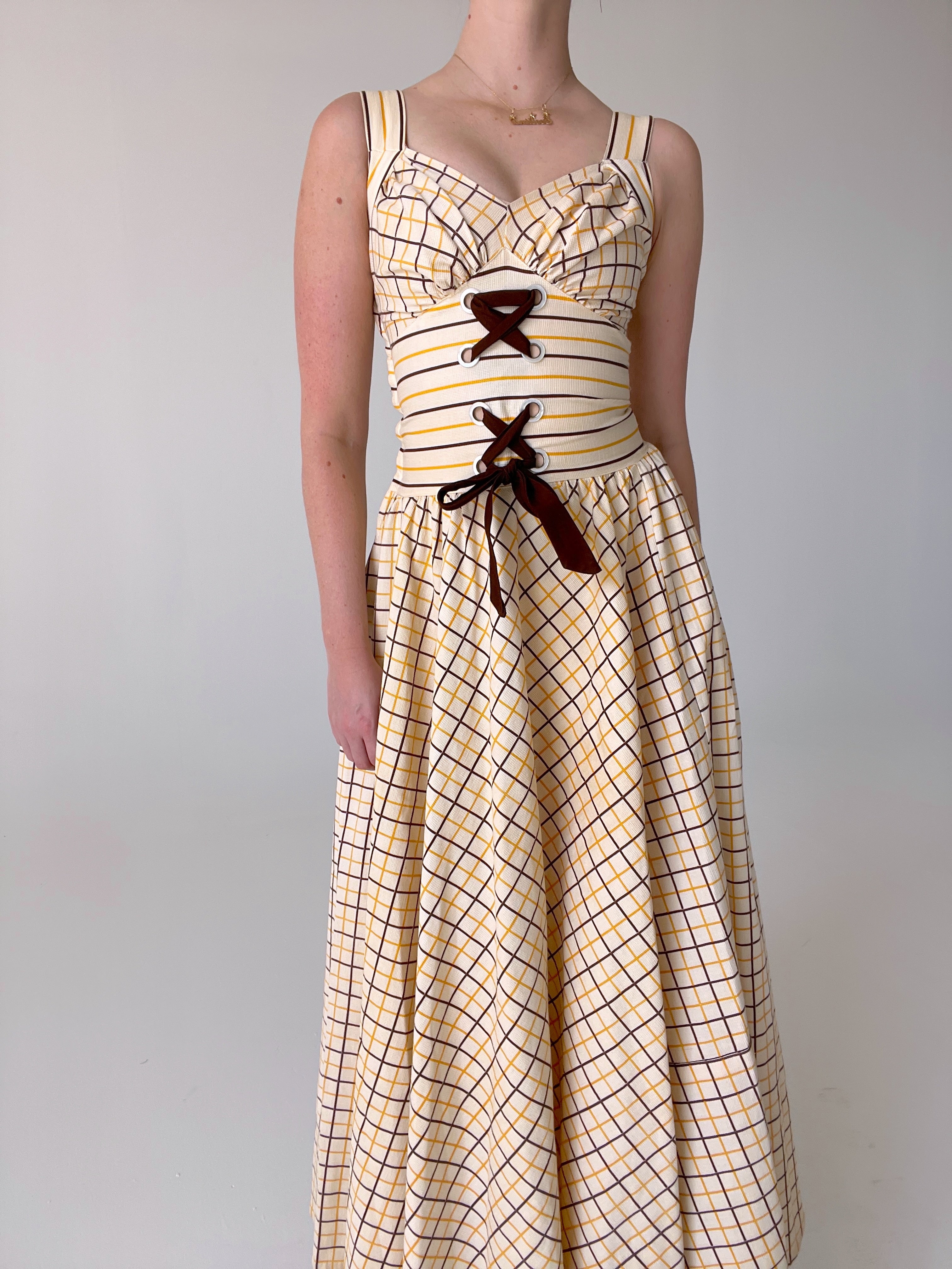 1940's Yellow and Brown Checkered Dress – Eveliina Vintage