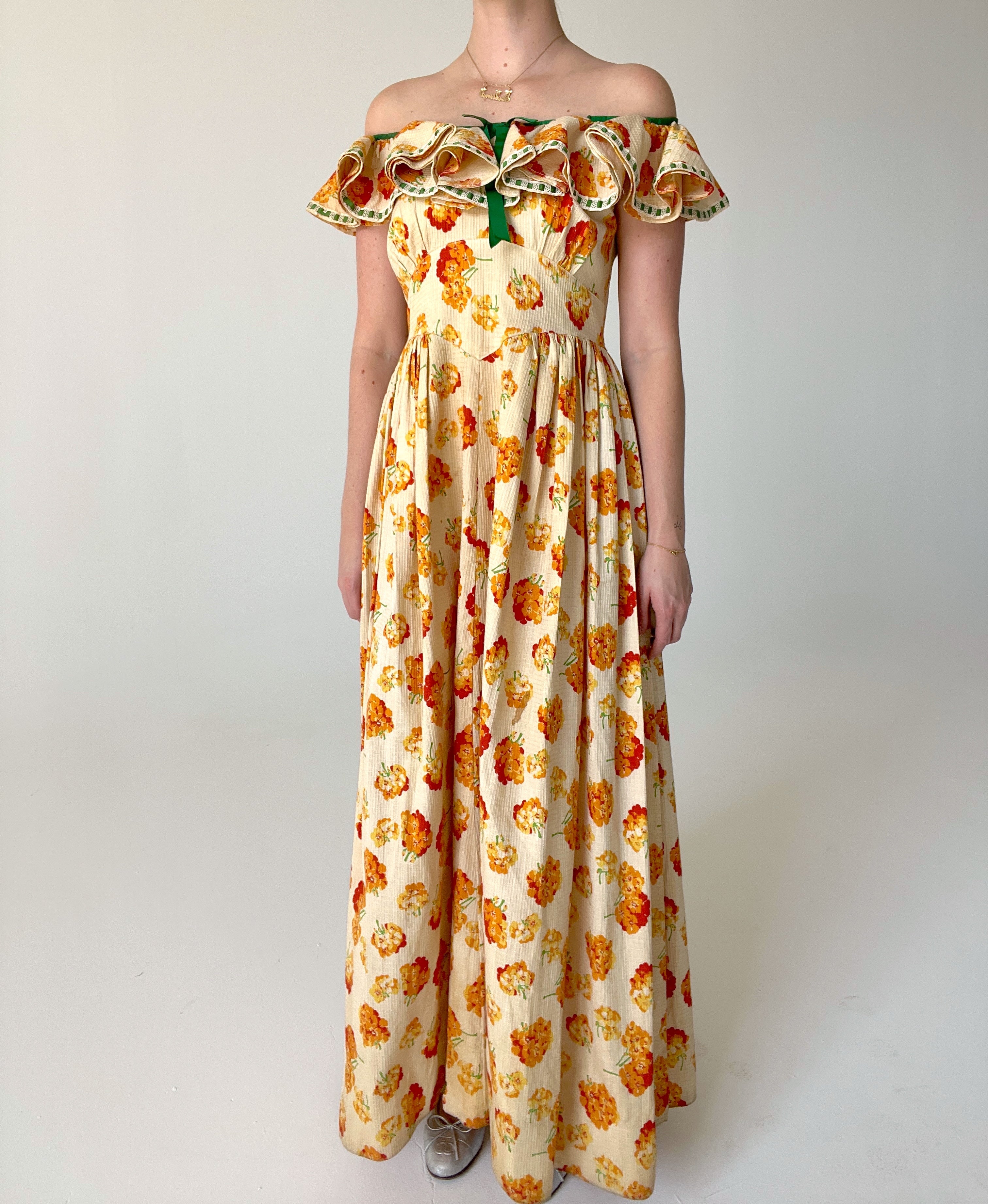 1940's Orange Floral Print Dress With Ruffle