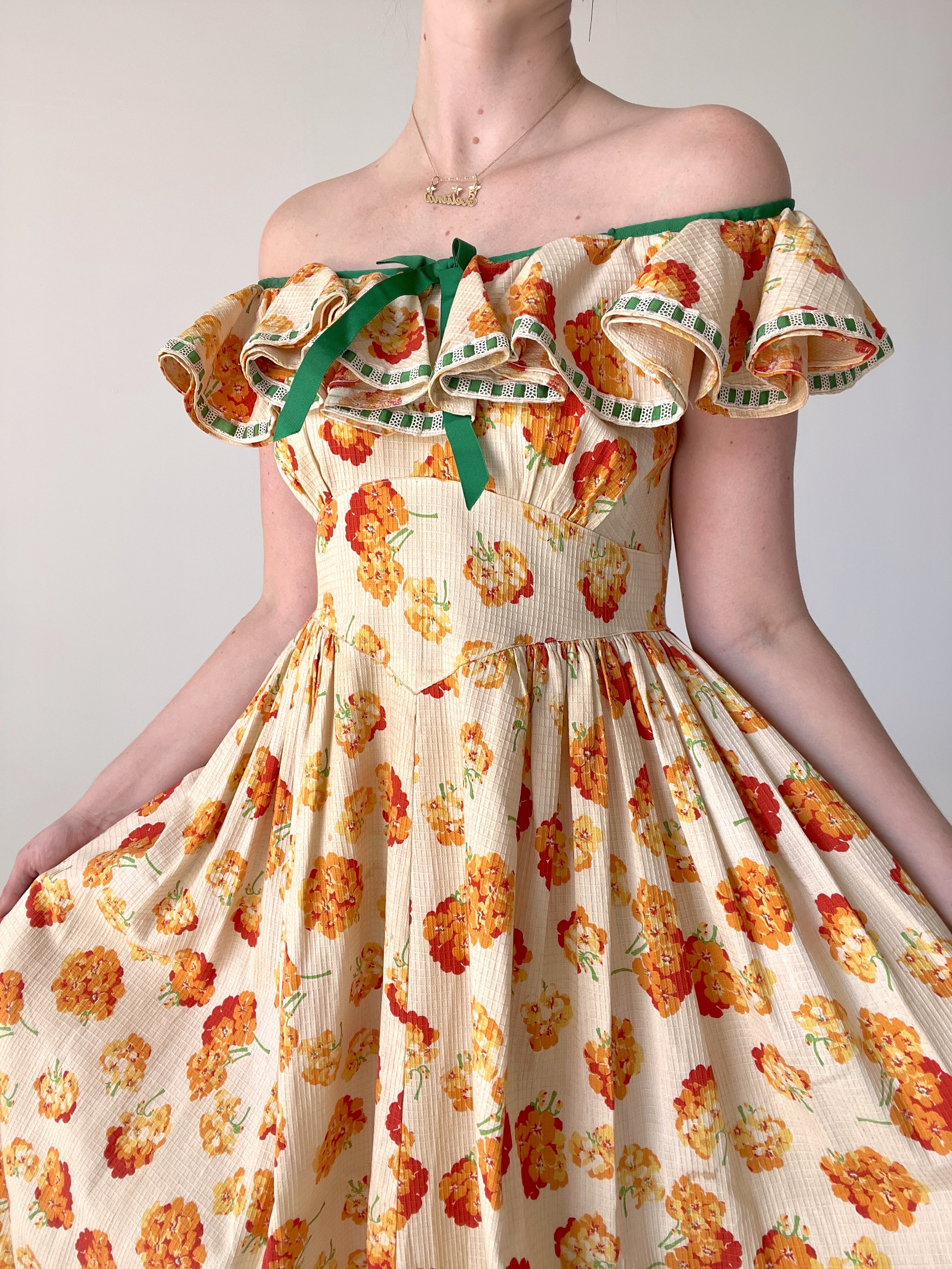1940's Orange Floral Print Dress With Ruffle