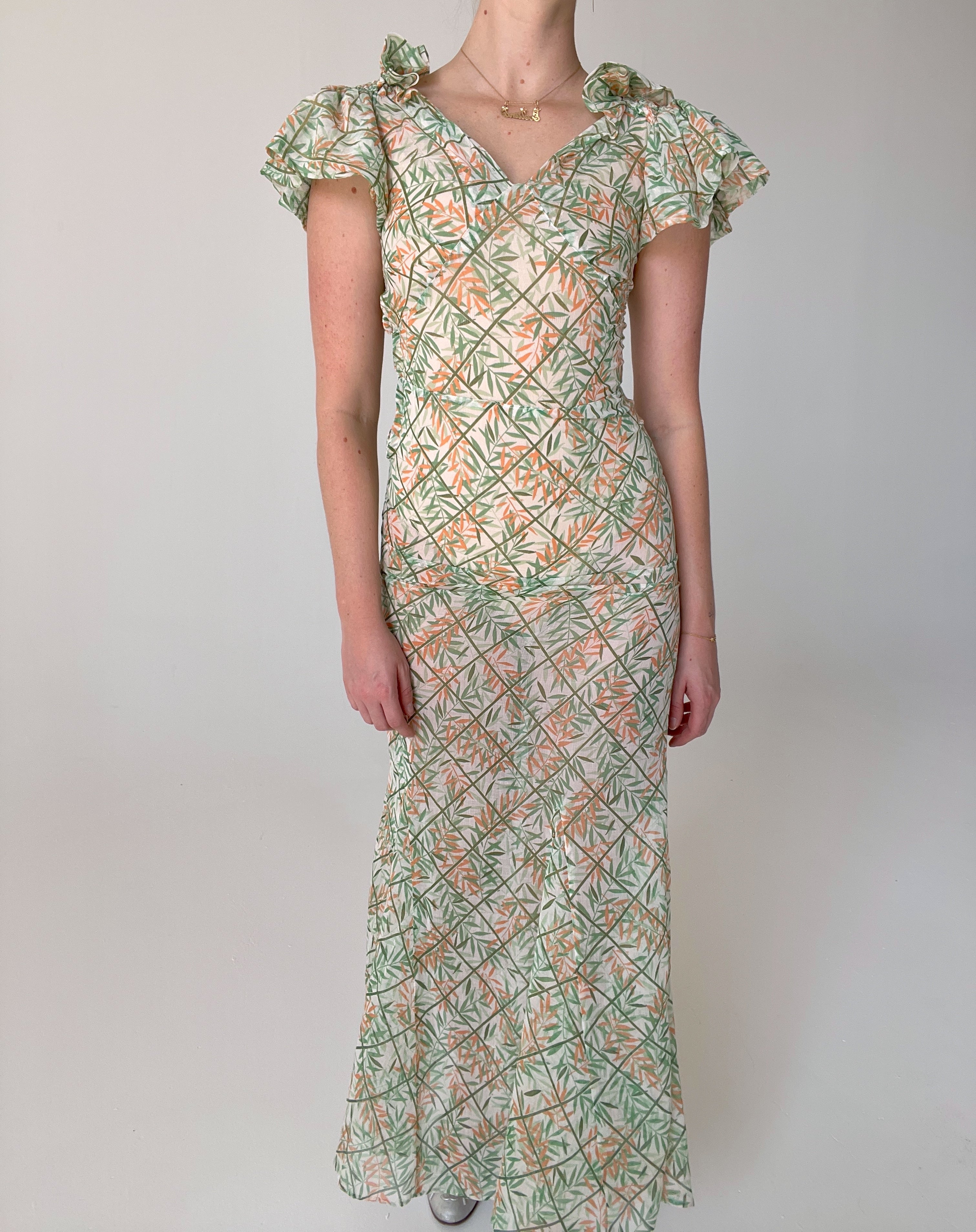 1930's Orange and Green Floral Print Cotton Voile Dress Eveliina Vintage 1930's Orange and Green Floral Print Cotton Voile Dress Eveliina Vintage