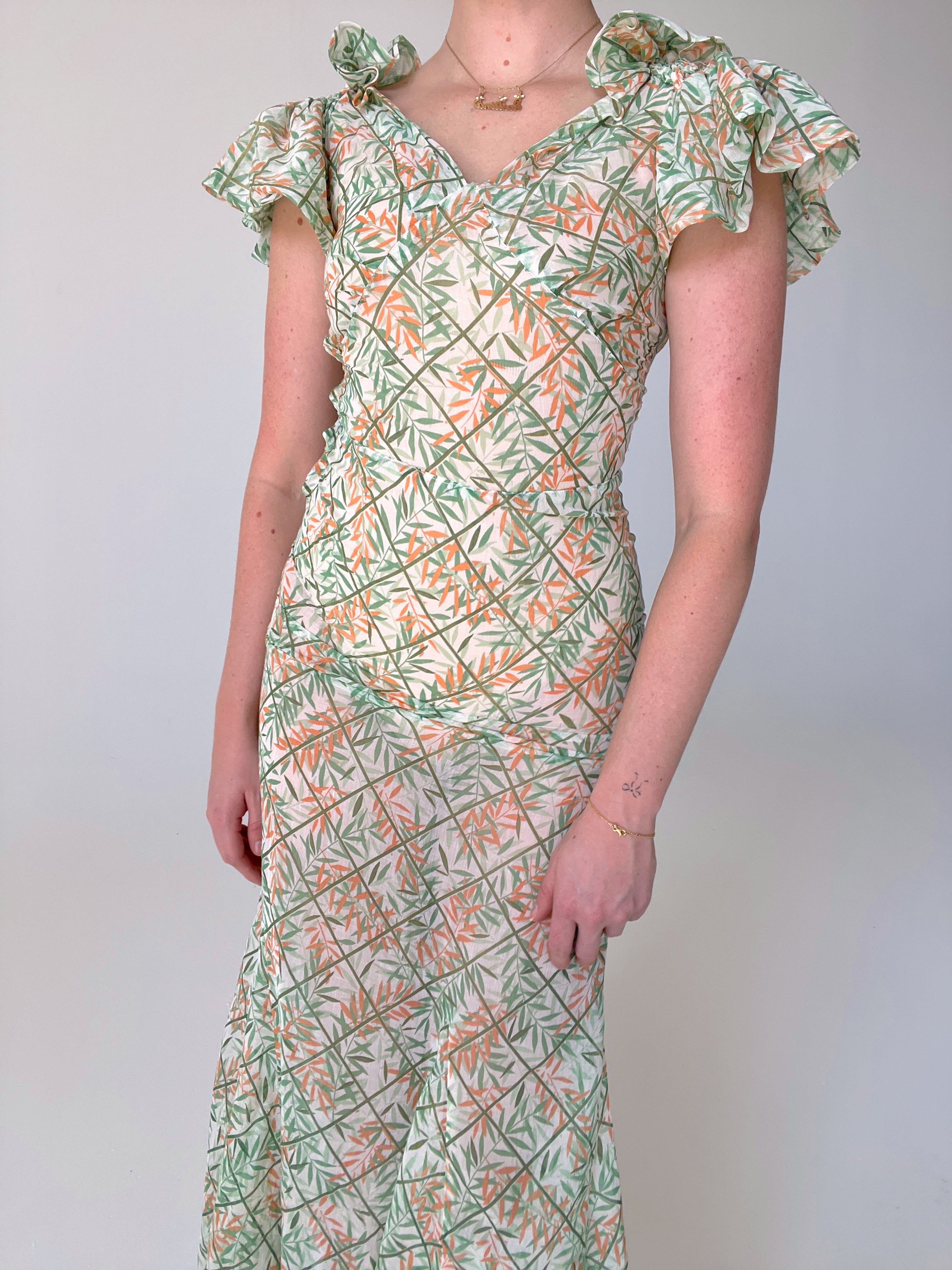 1930's Orange and Green Floral Print Cotton Voile Dress