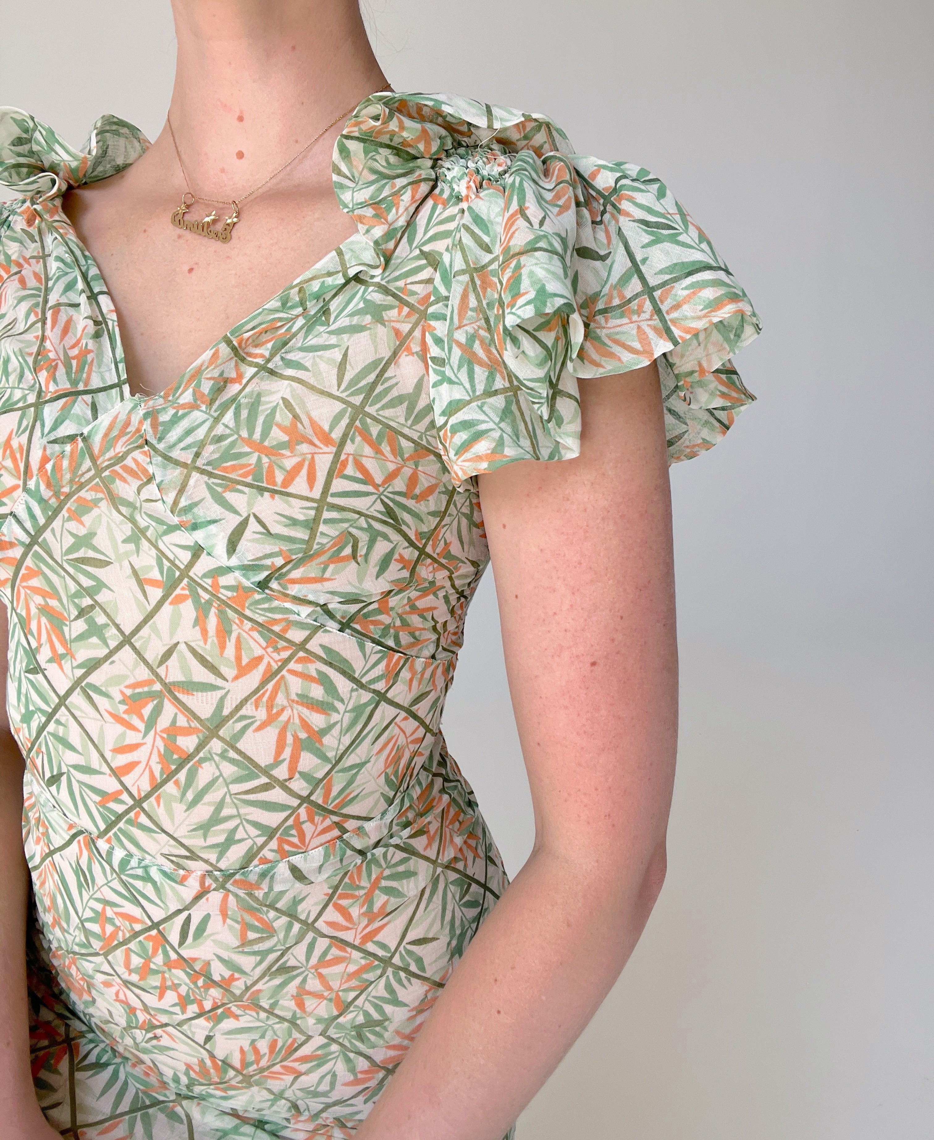 1930's Orange and Green Floral Print Cotton Voile Dress