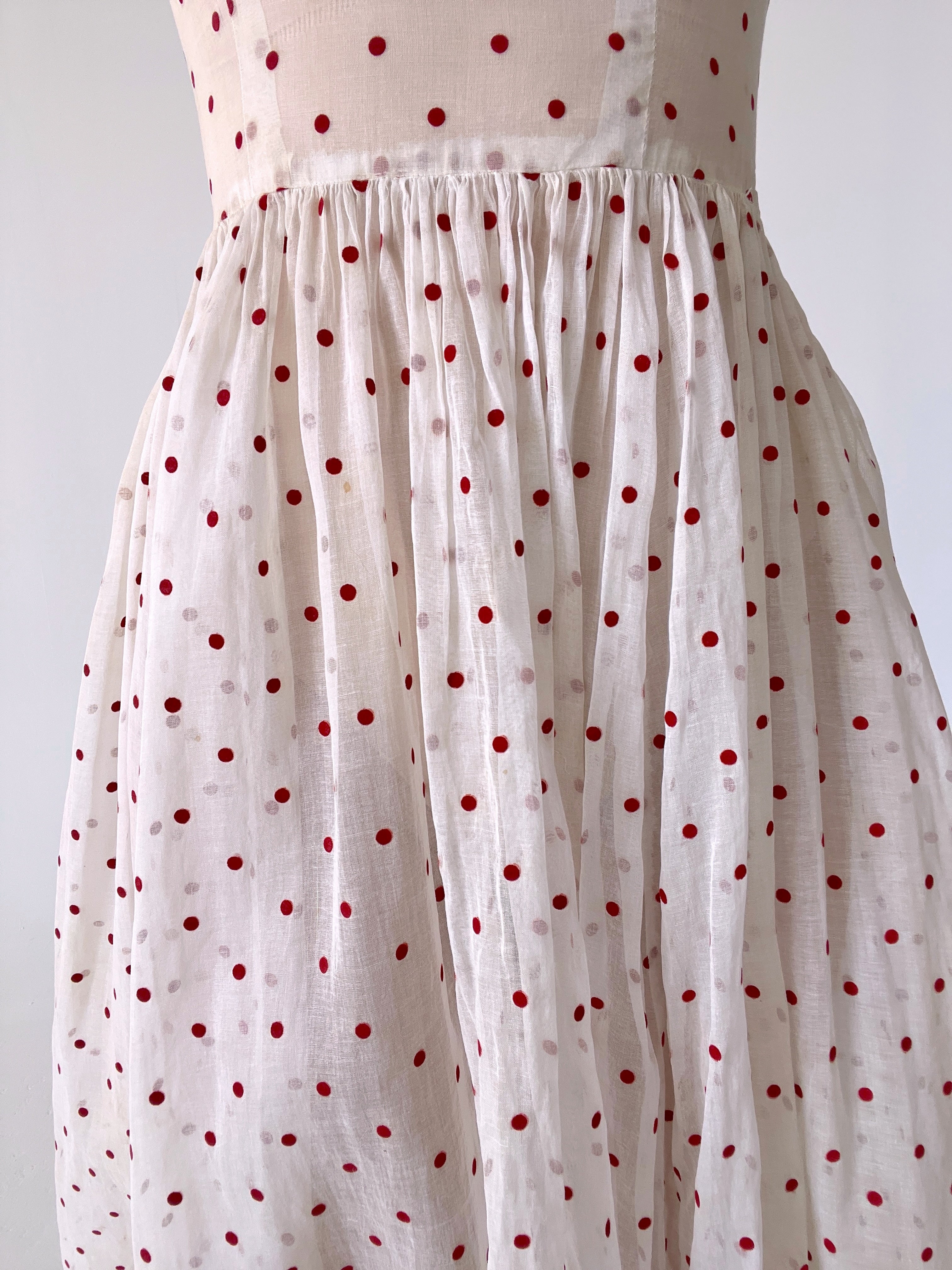 1950's Red Velvet Polka Dot Cotton Voile Dress