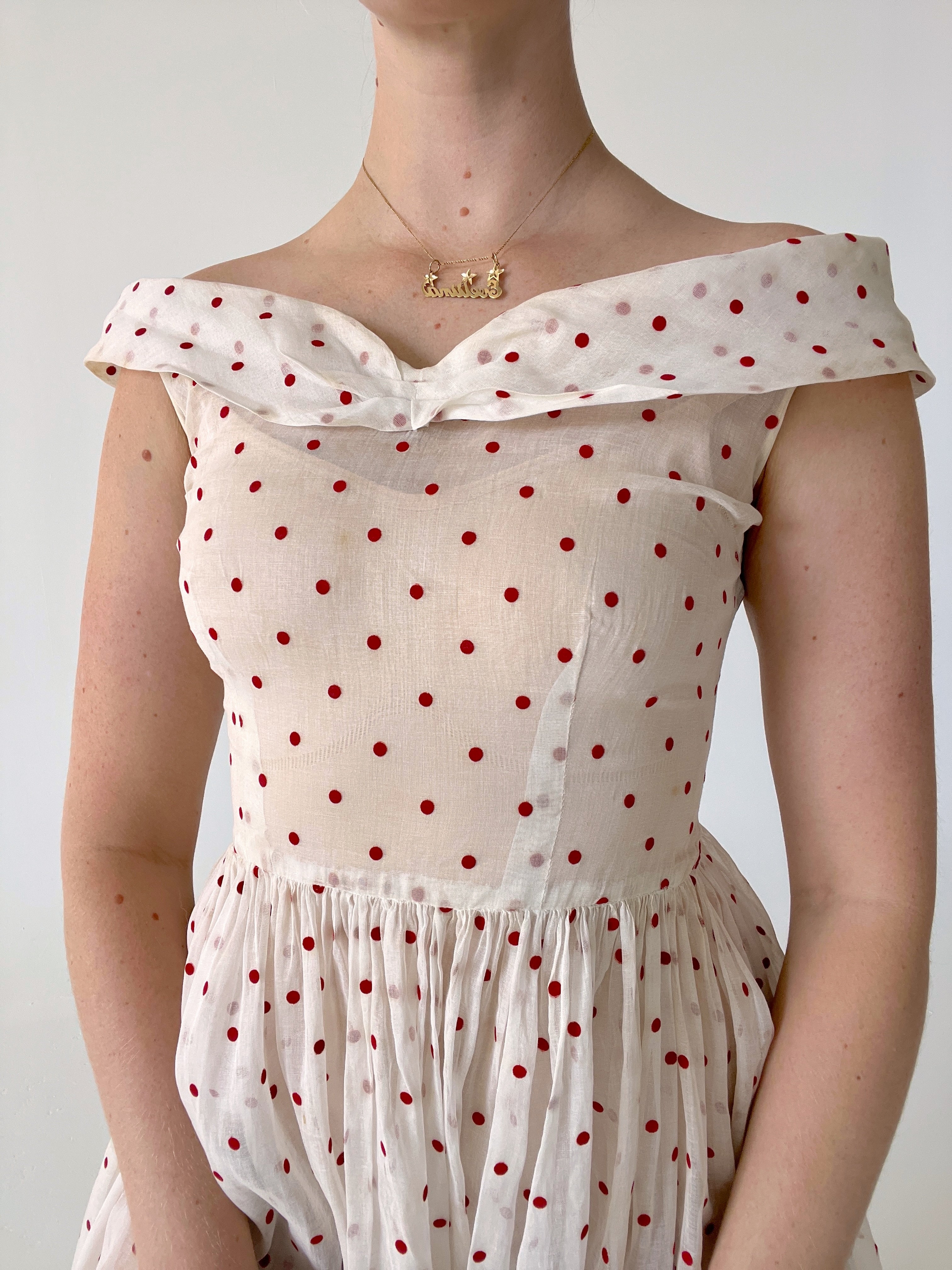 1950's Red Velvet Polka Dot Cotton Voile Dress