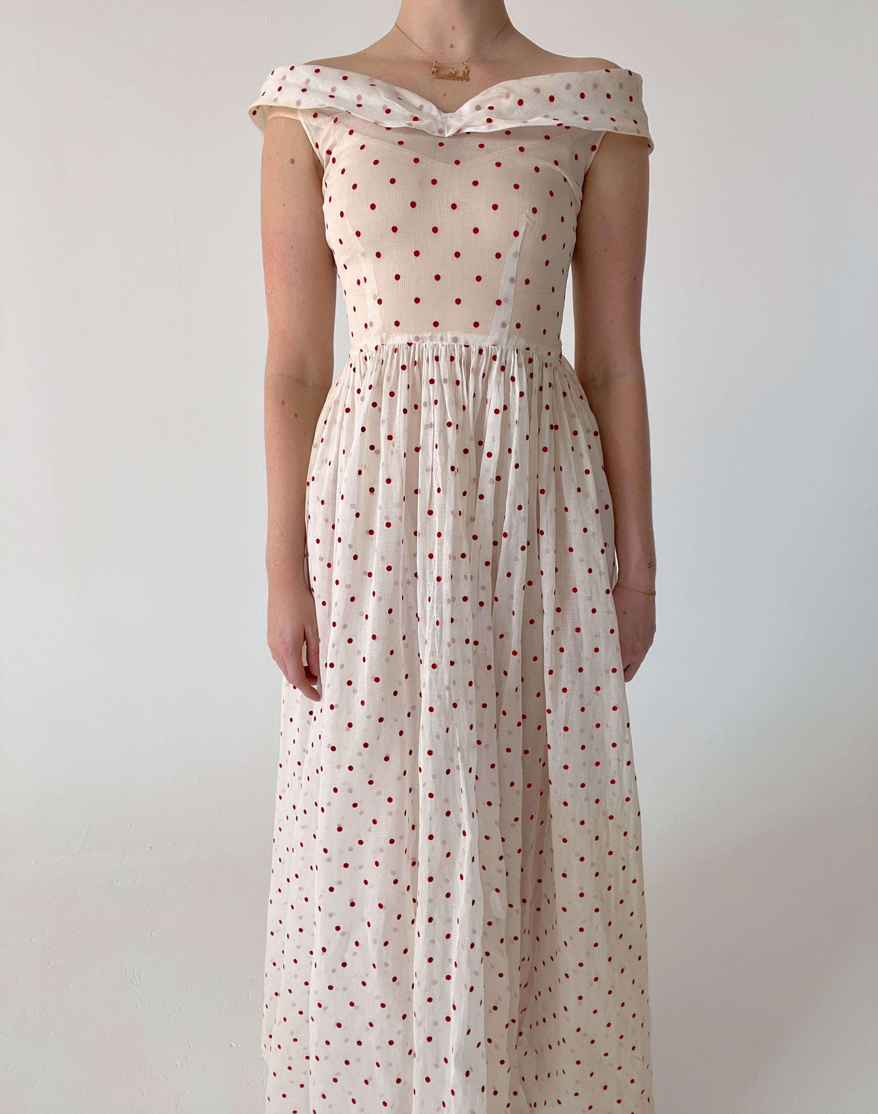 1950's red polka dot dress 1950's Red Velvet Polka Dot Cotton Voile Dress – Eveliina Vintage