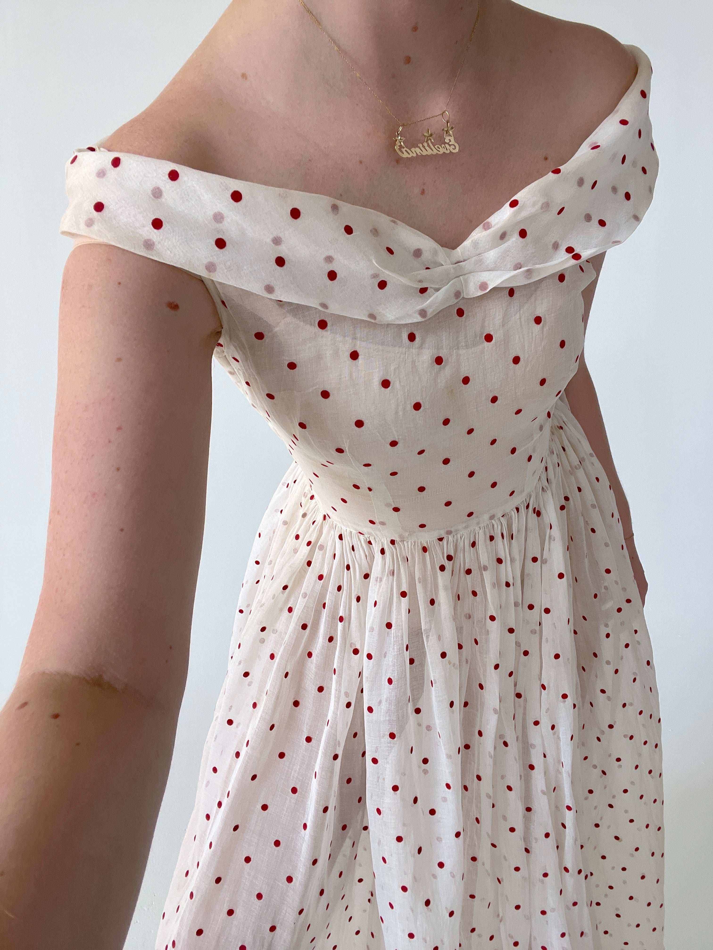 1950's red polka dot dress 1950's Red Velvet Polka Dot Cotton Voile Dress – Eveliina Vintage