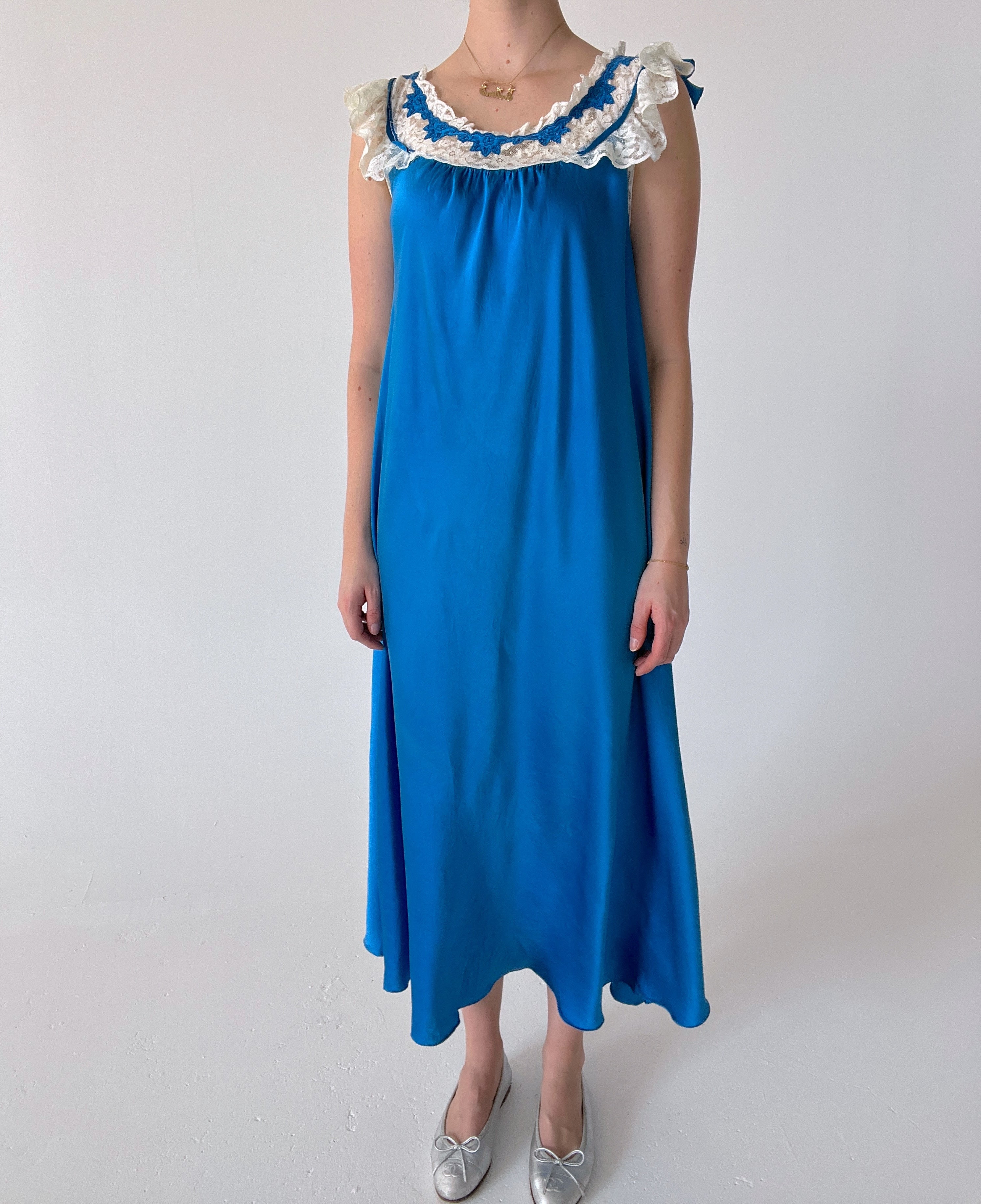 1930's Deep Ocean Blue Silk Dress with White Lace