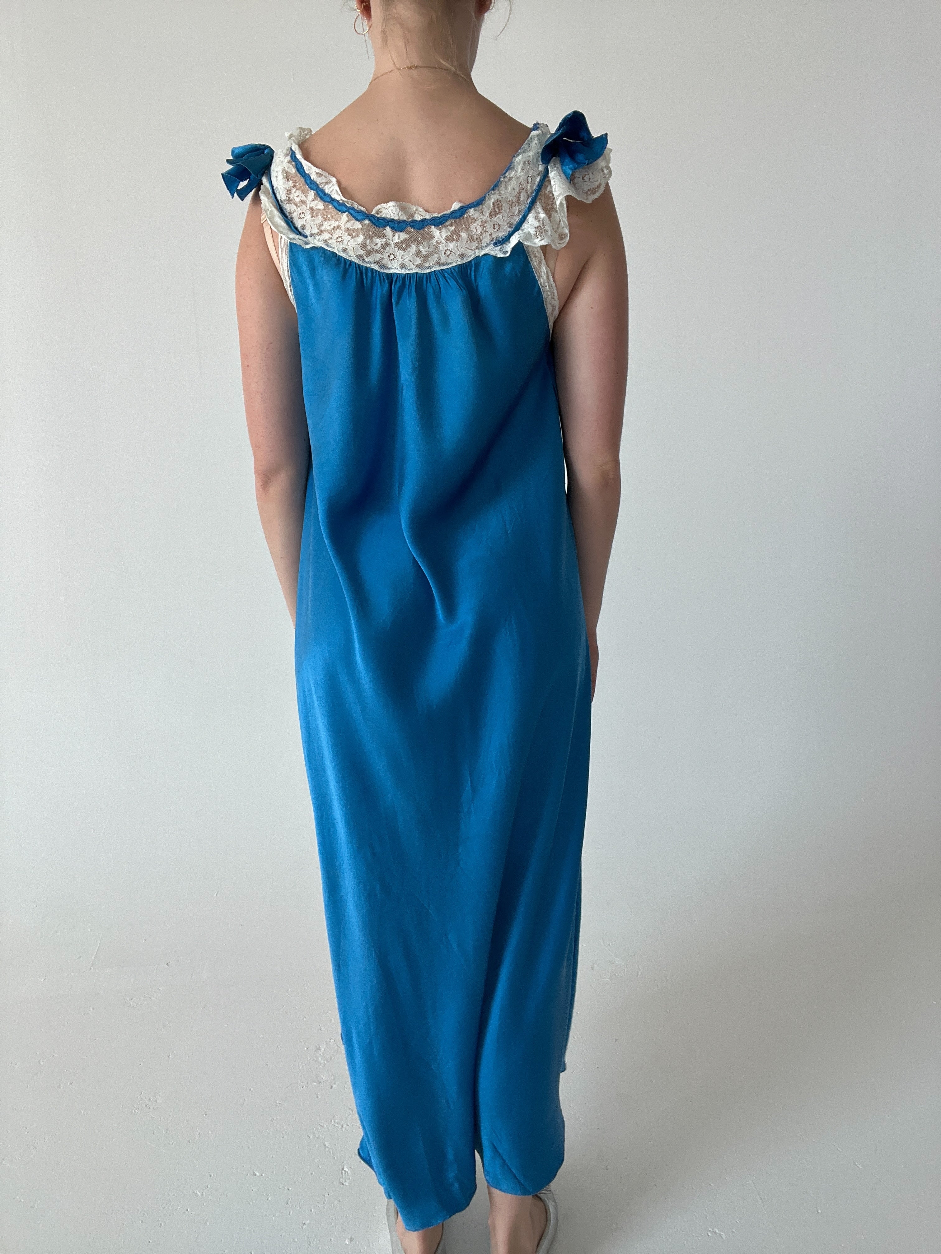 1930's Deep Ocean Blue Silk Dress with White Lace