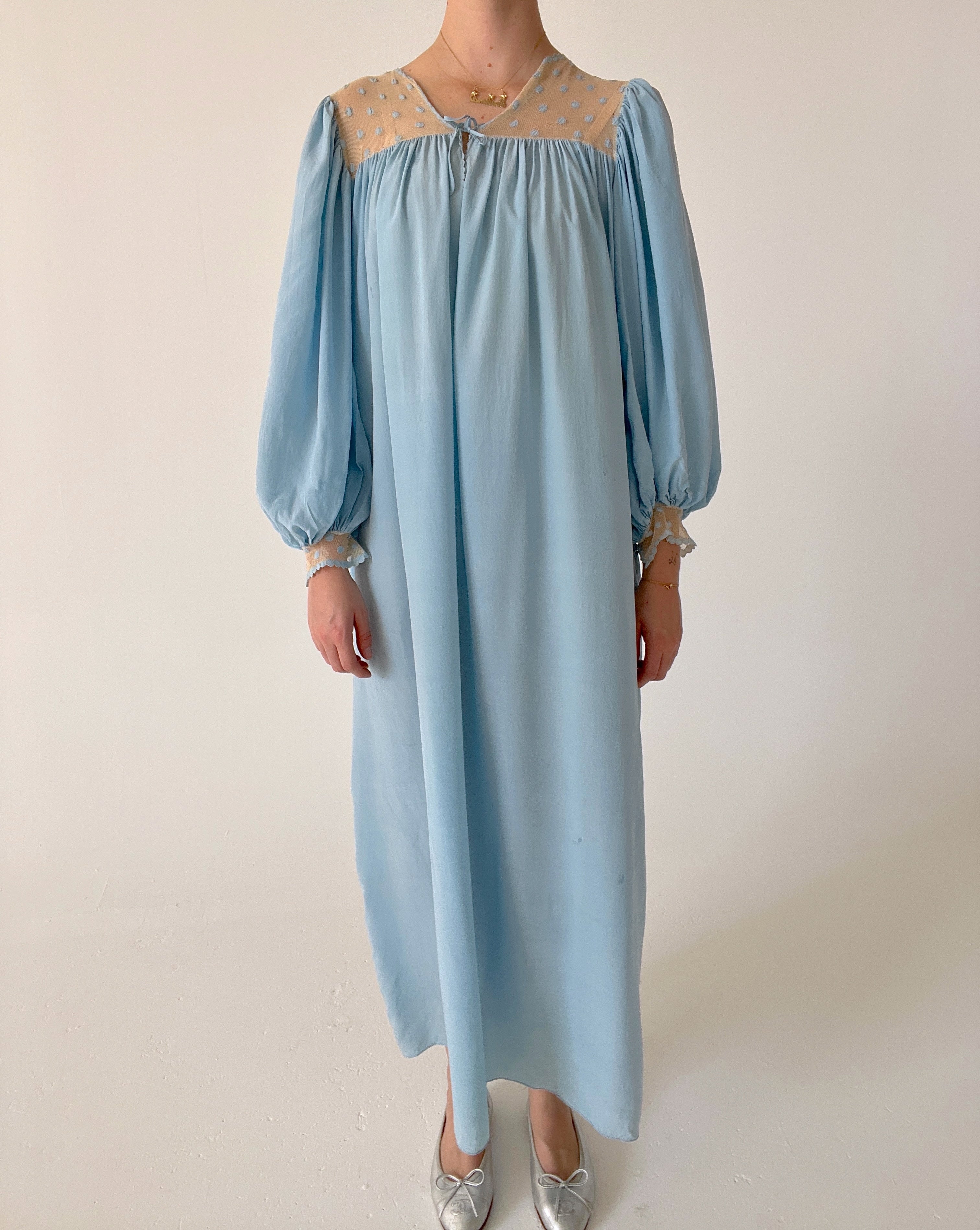 1930's Sky Blue Silk Dress with Polka Dot Embroidered Net