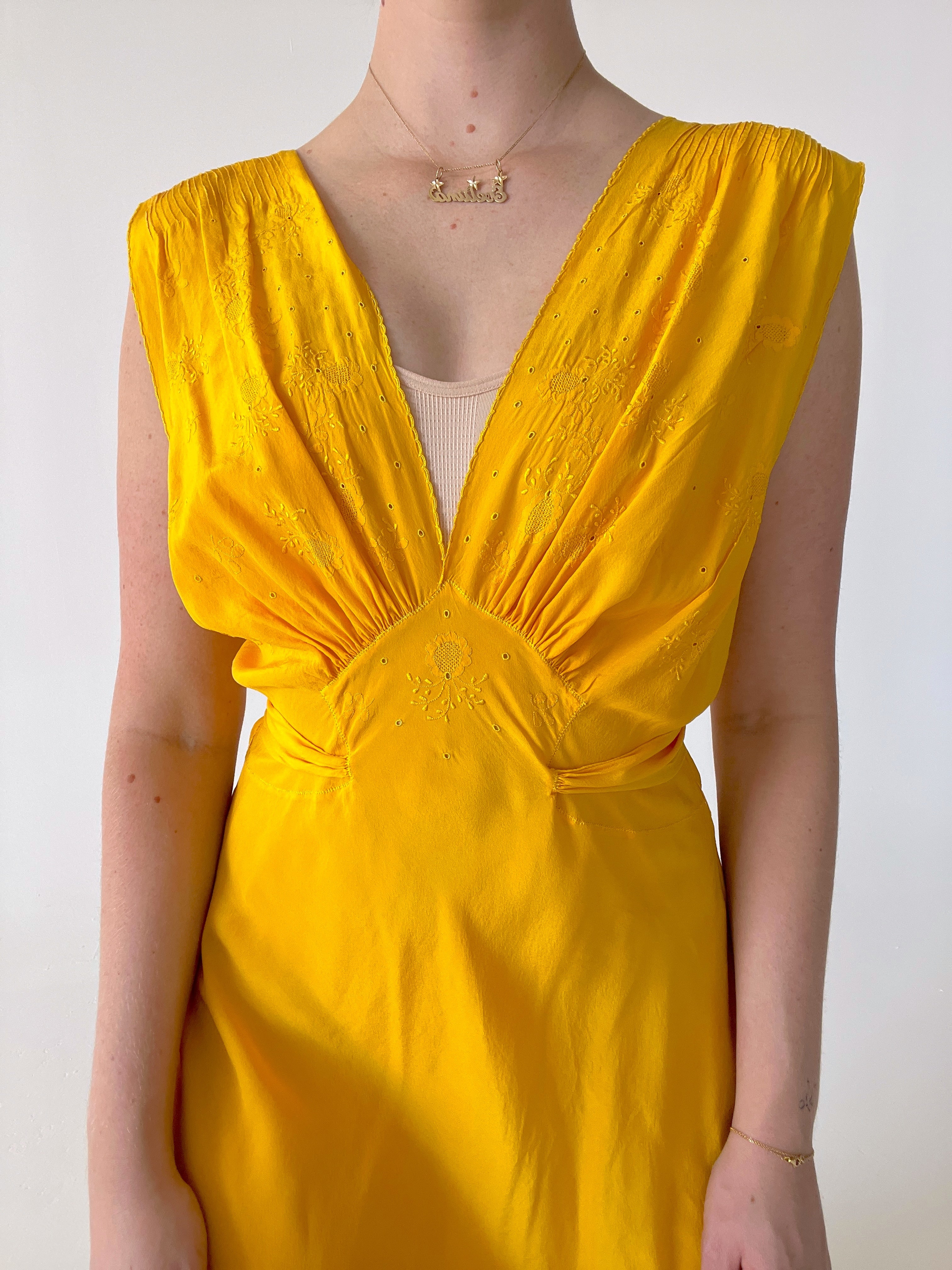 Hand Dyed Marigold Silk Dress with Floral Embroidery