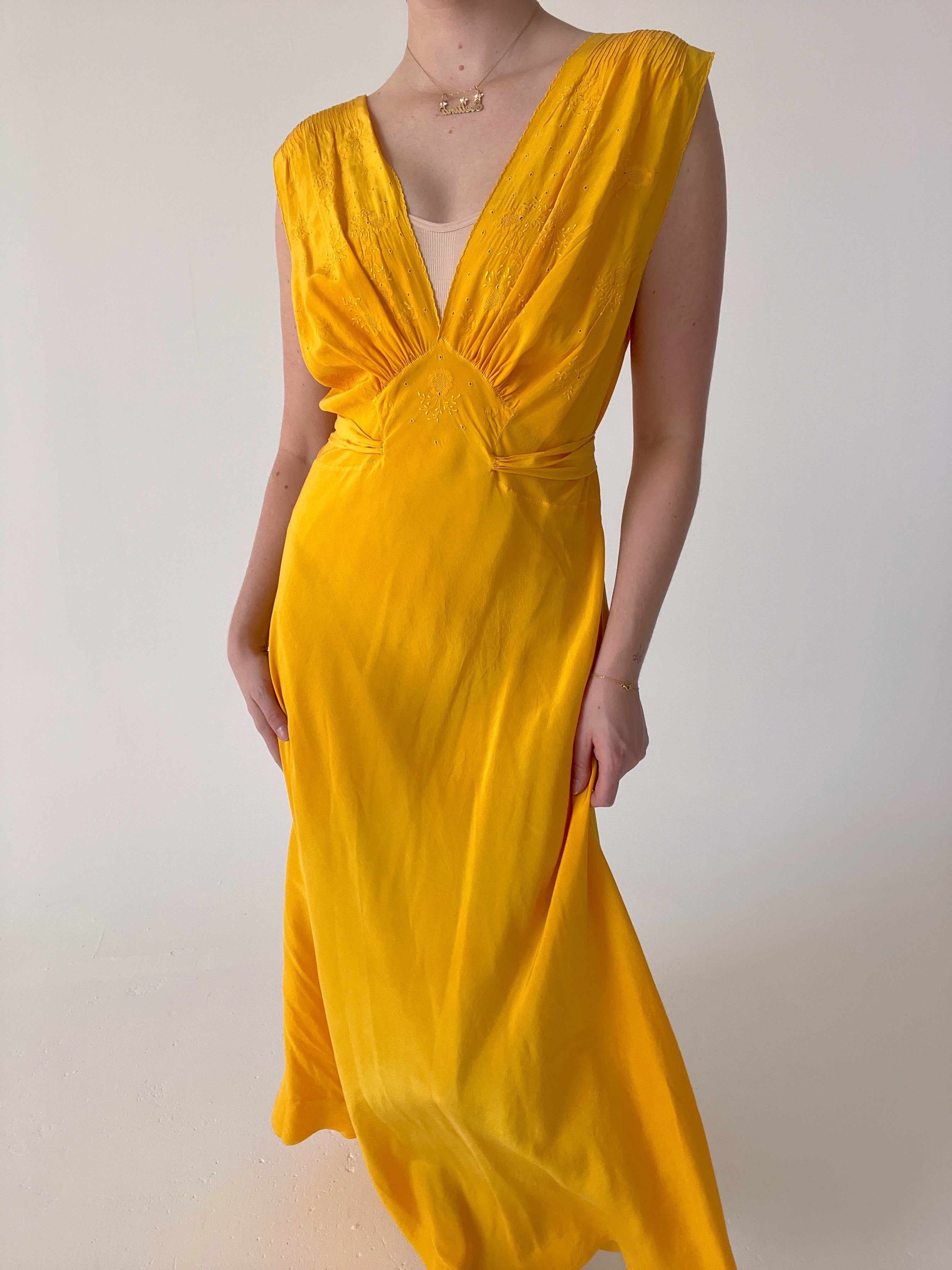 Hand Dyed Marigold Silk Dress with Floral Embroidery