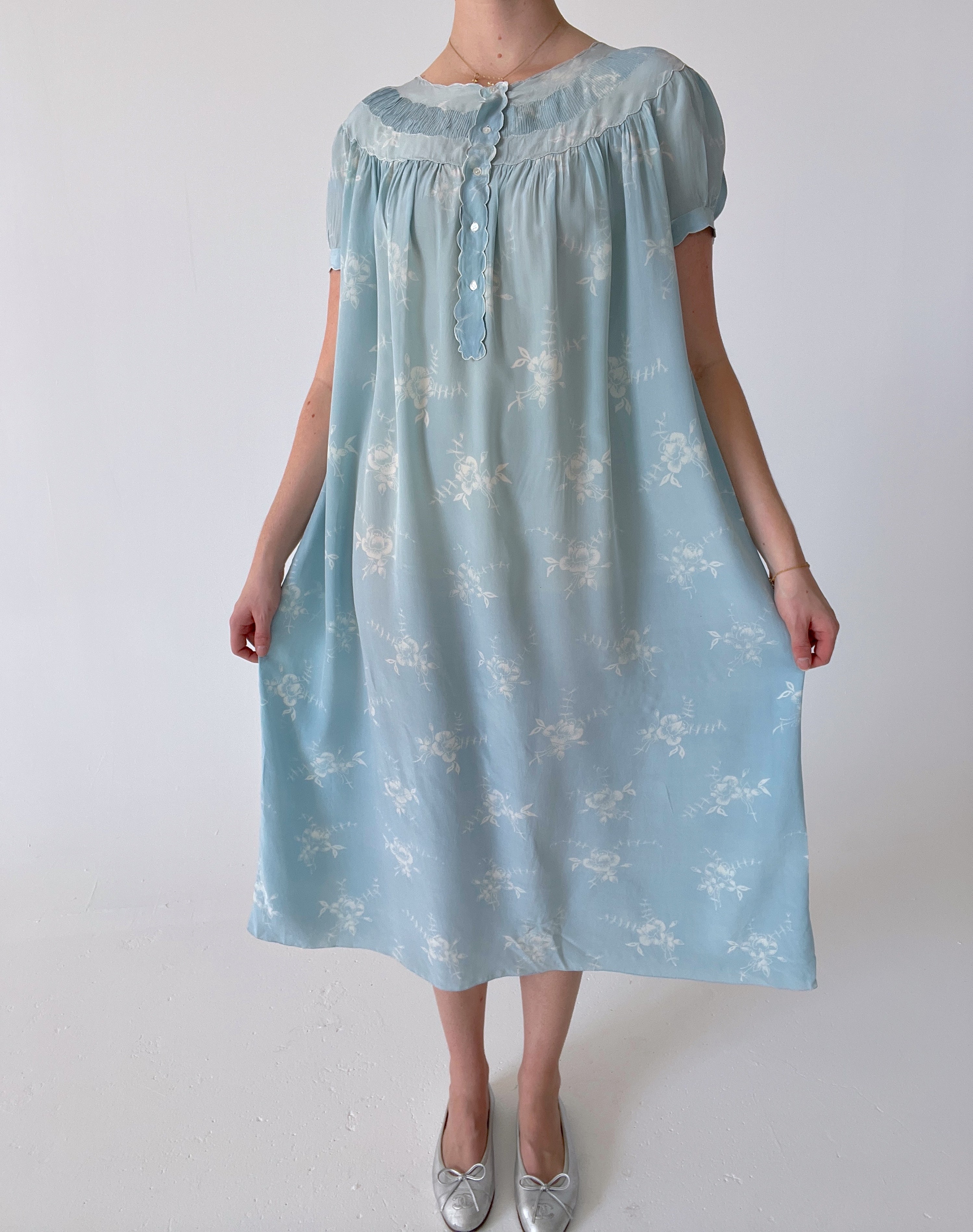 1930's Baby Blue Silk Puff Sleeve Dress with White Floral Print