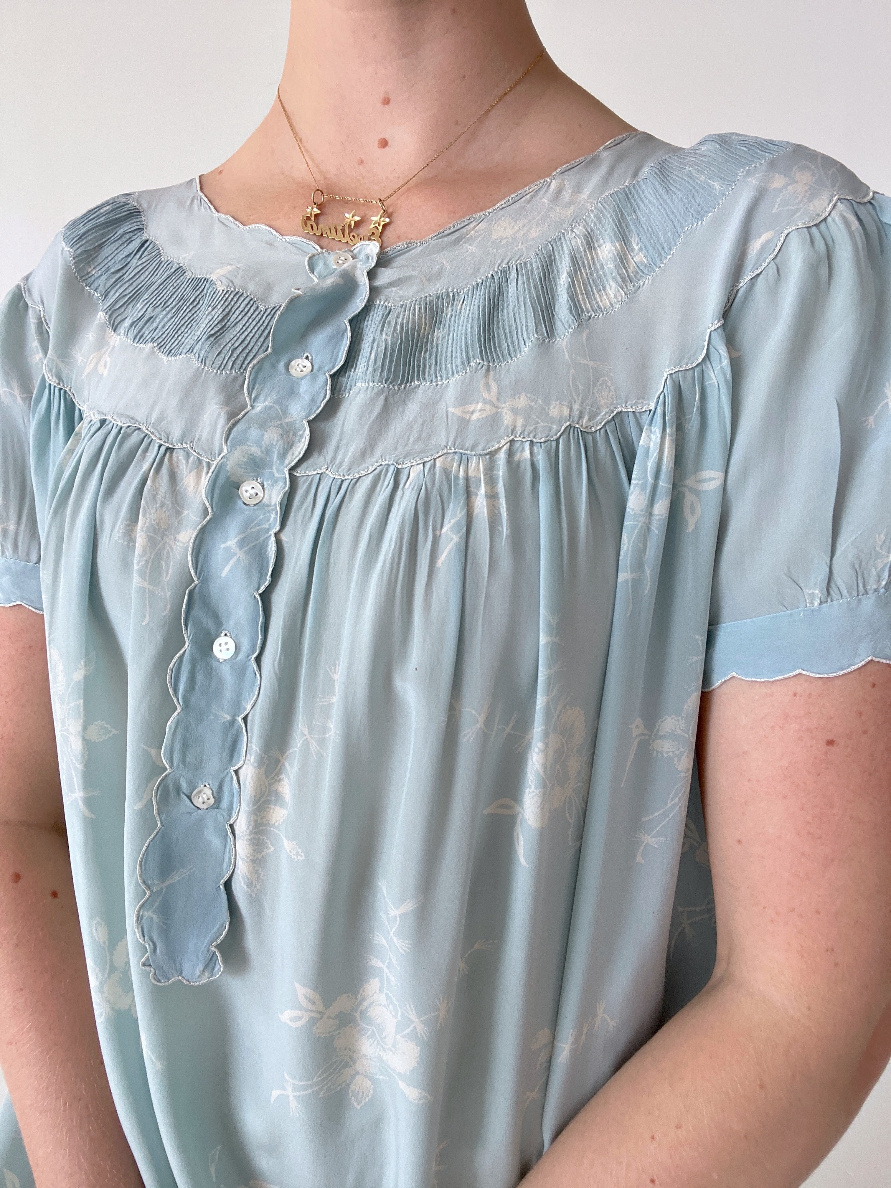 1930's Baby Blue Silk Puff Sleeve Dress with White Floral Print