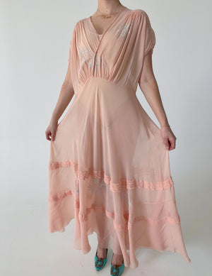 1930's Dusty Pink Silk Chiffon Dress with Blue Floral and Bow Embroidery