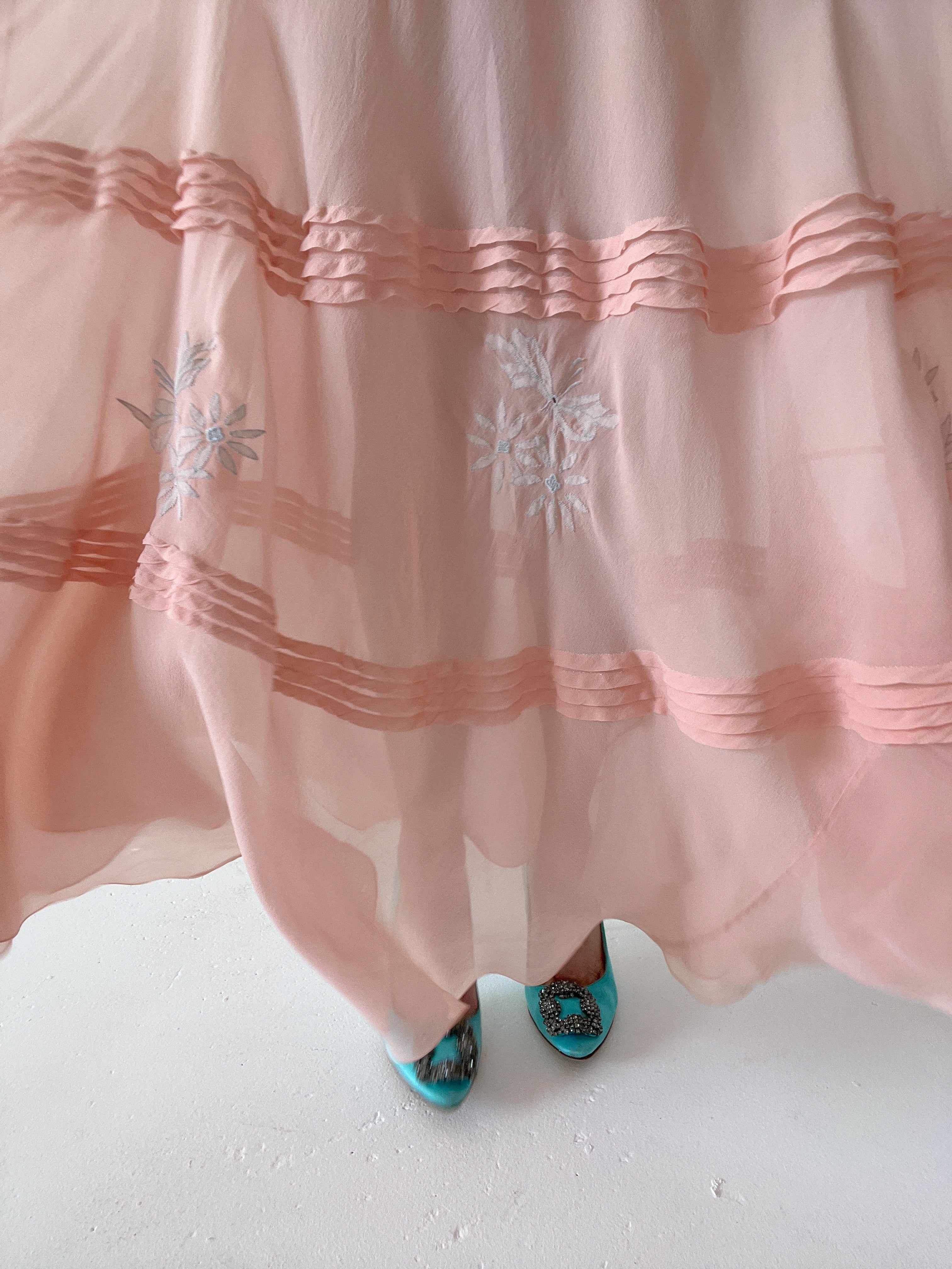 1930's Dusty Pink Silk Chiffon Dress with Blue Floral and Bow Embroidery