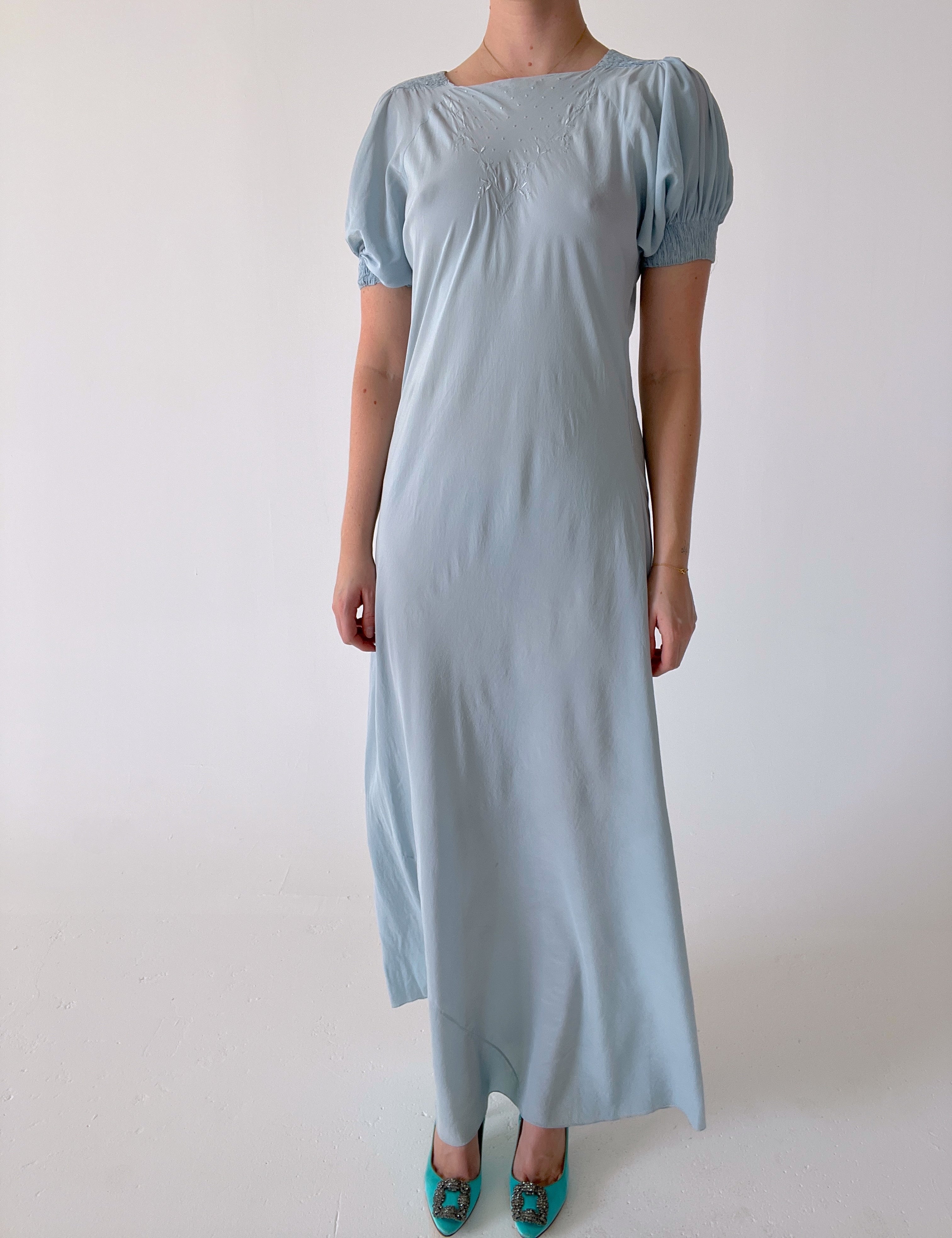 1930's Blue Silk Puff Sleeve Dress with Clover Embroidery