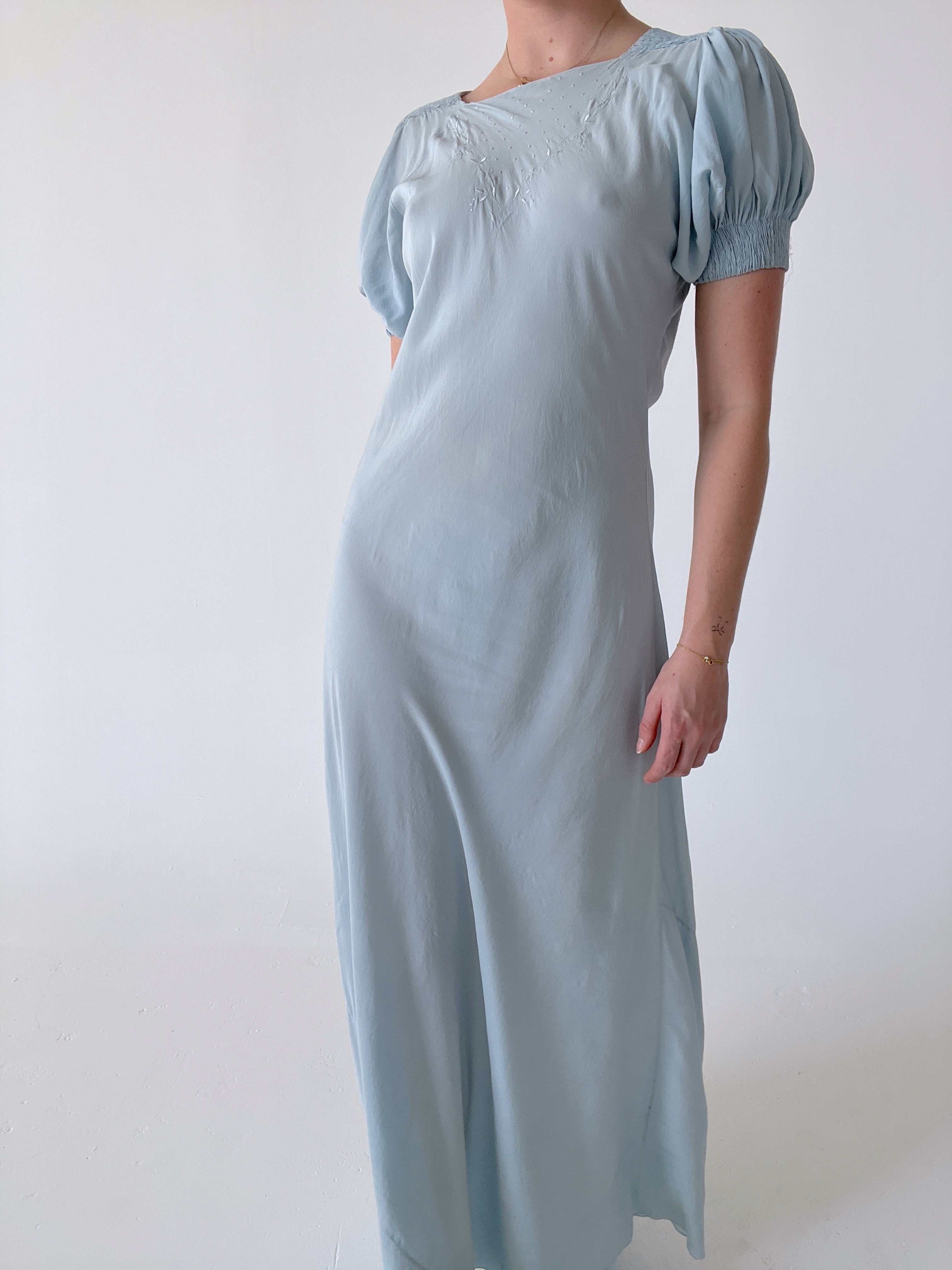 1930's Blue Silk Puff Sleeve Dress with Clover Embroidery