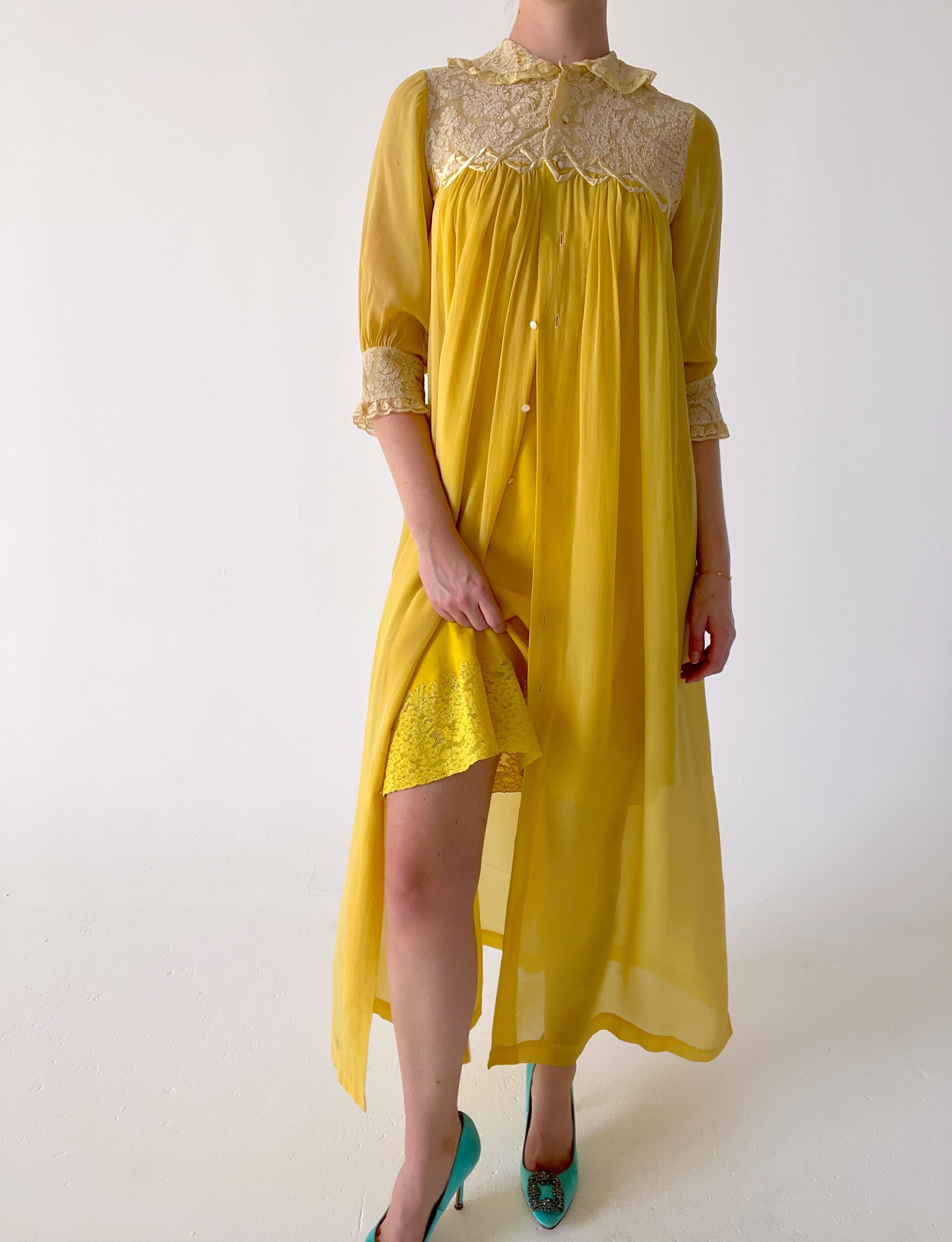 Yellow Silk Robe 1930's Sunflower Yellow Silk Chiffon Robe With Cream Lace – Eveliina ...