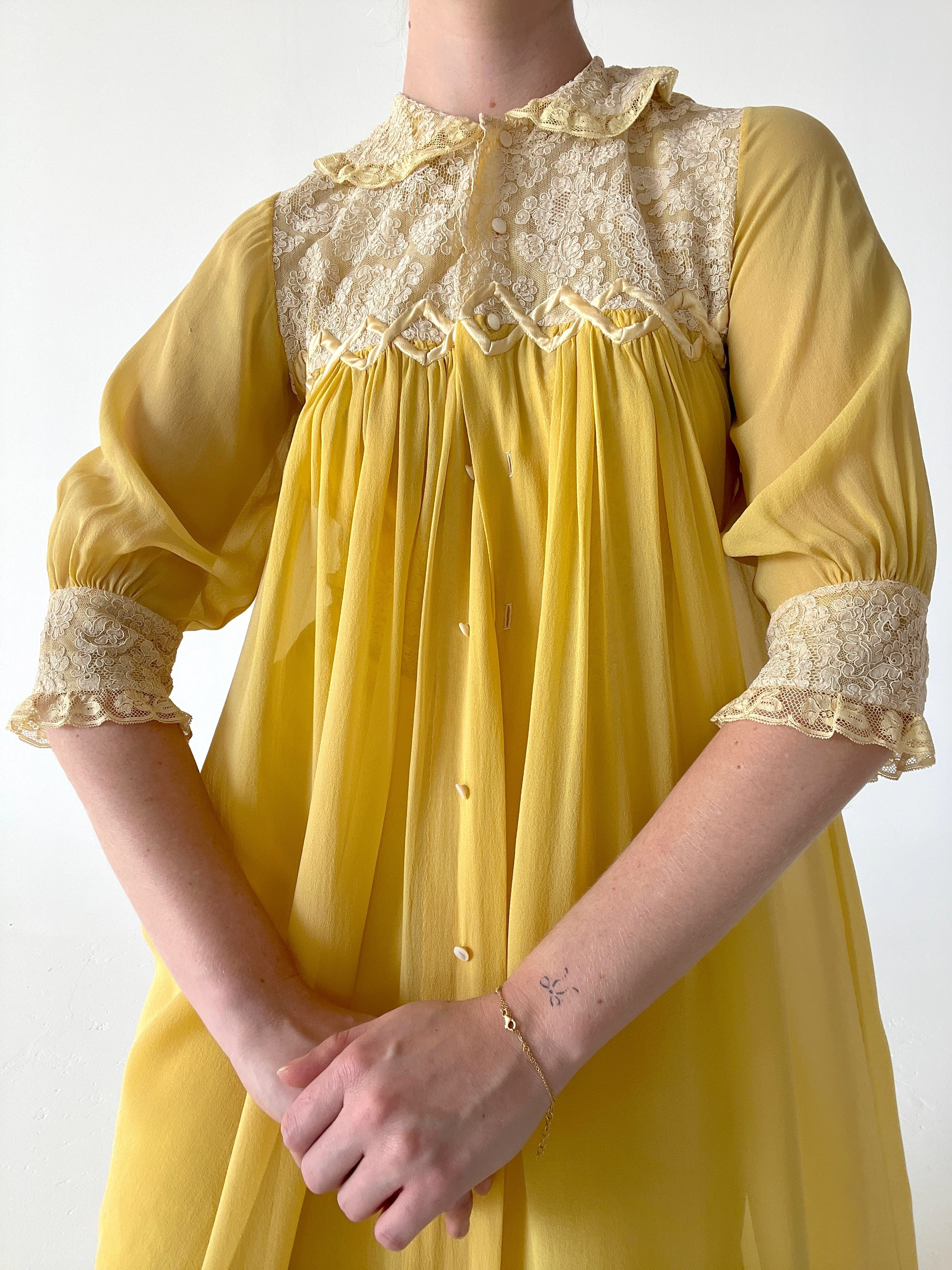 1930's Sunflower Yellow Silk Chiffon Robe With Cream Lace