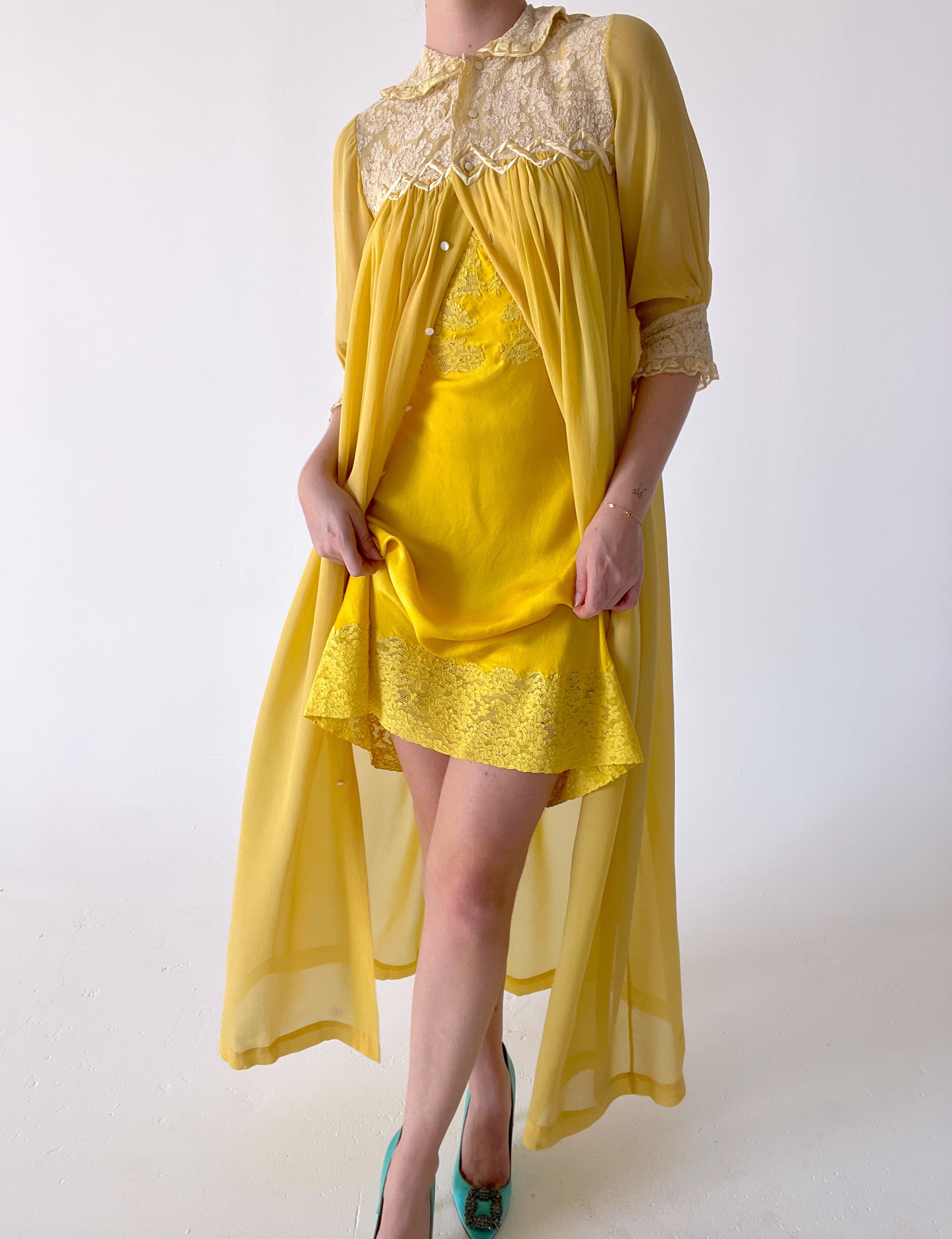 Yellow Silk Robe 1930's Sunflower Yellow Silk Chiffon Robe With Cream Lace – Eveliina ...