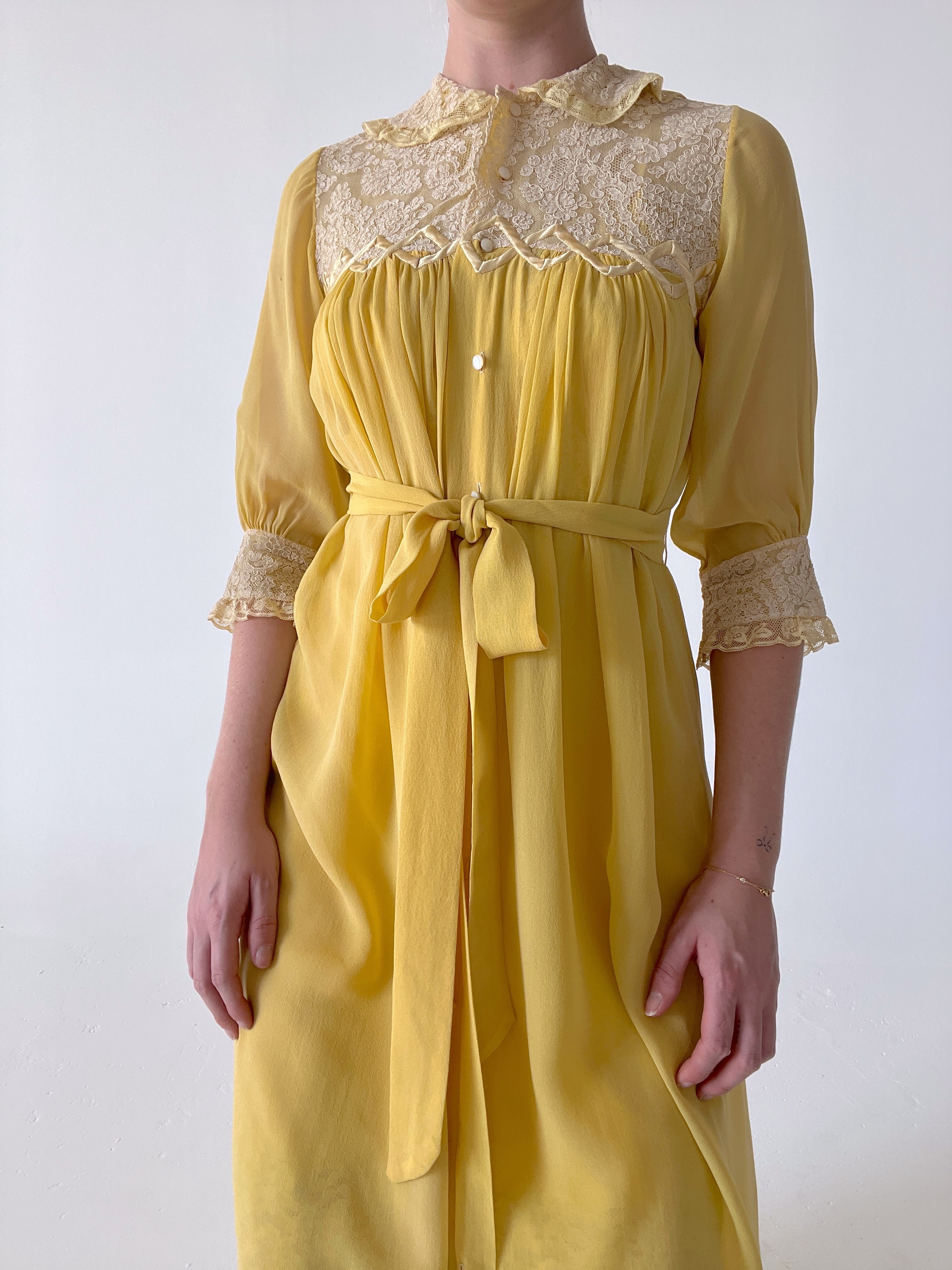 1930's Sunflower Yellow Silk Chiffon Robe With Cream Lace