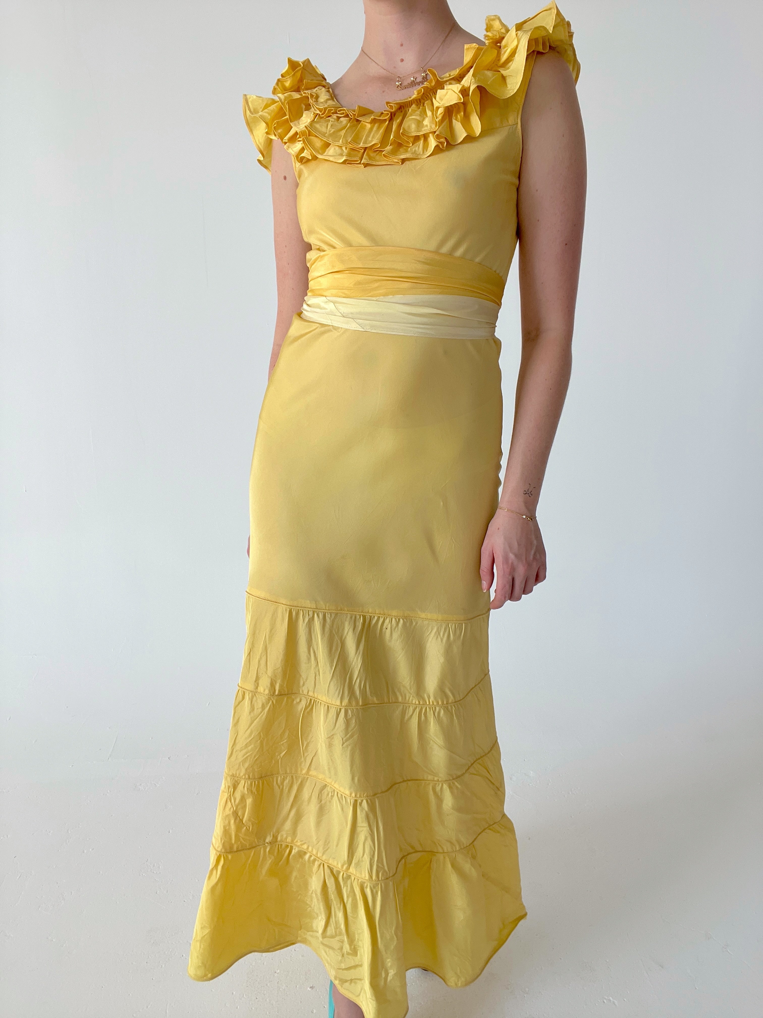1930's Yellow Taffeta Ruffle Dress