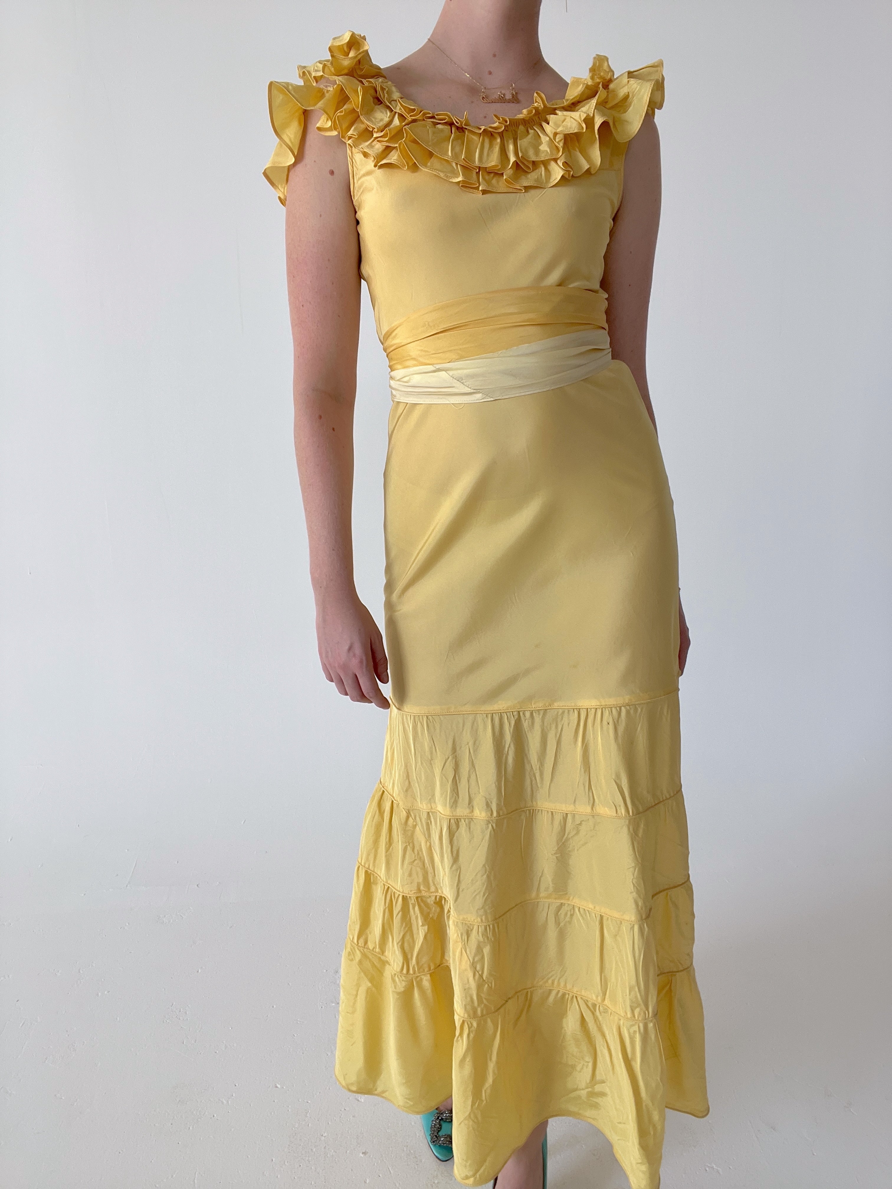 1930's Yellow Taffeta Ruffle Dress
