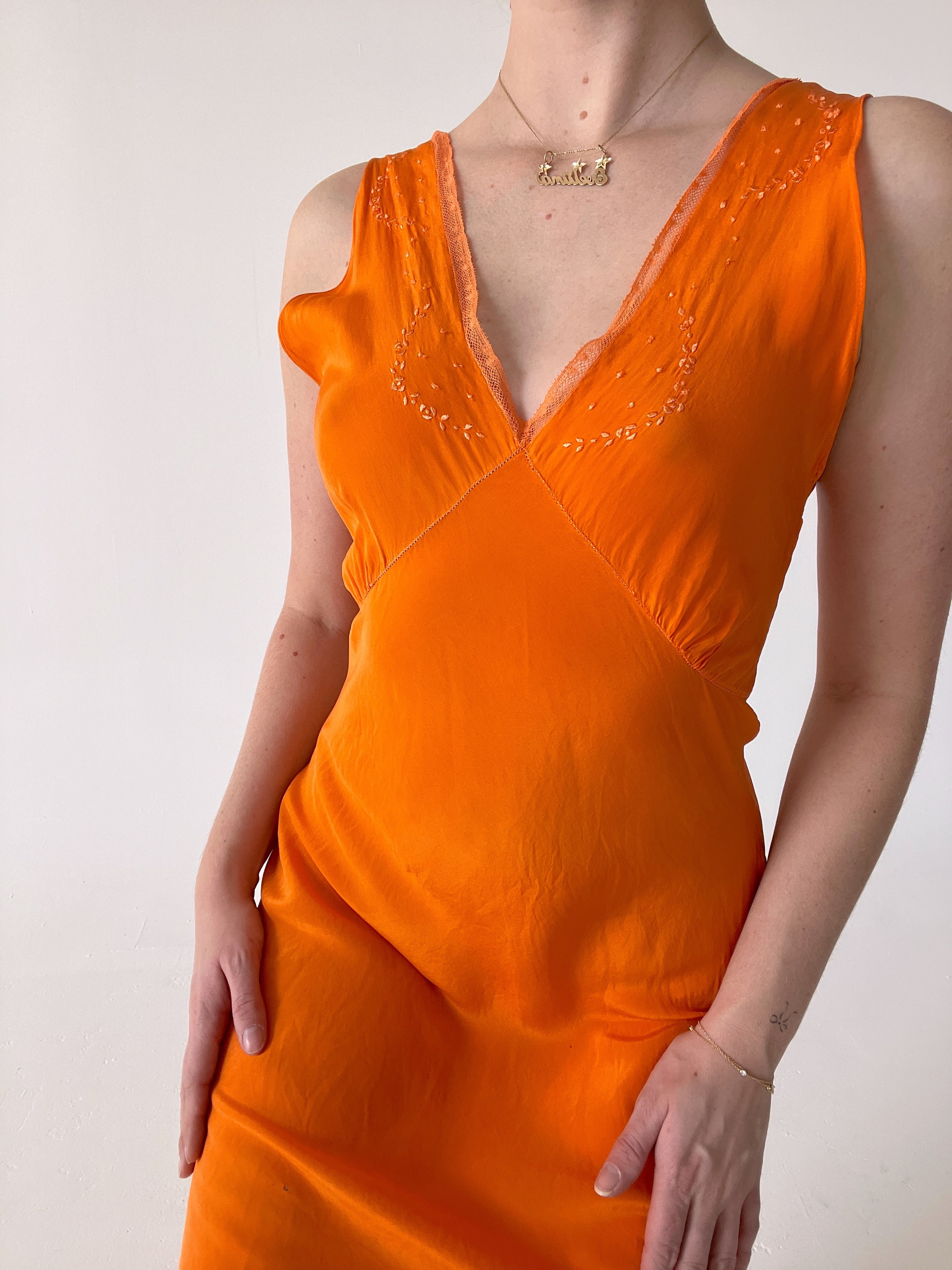 Hand Dyed Orange Silk Slip with Dainty Embroidery