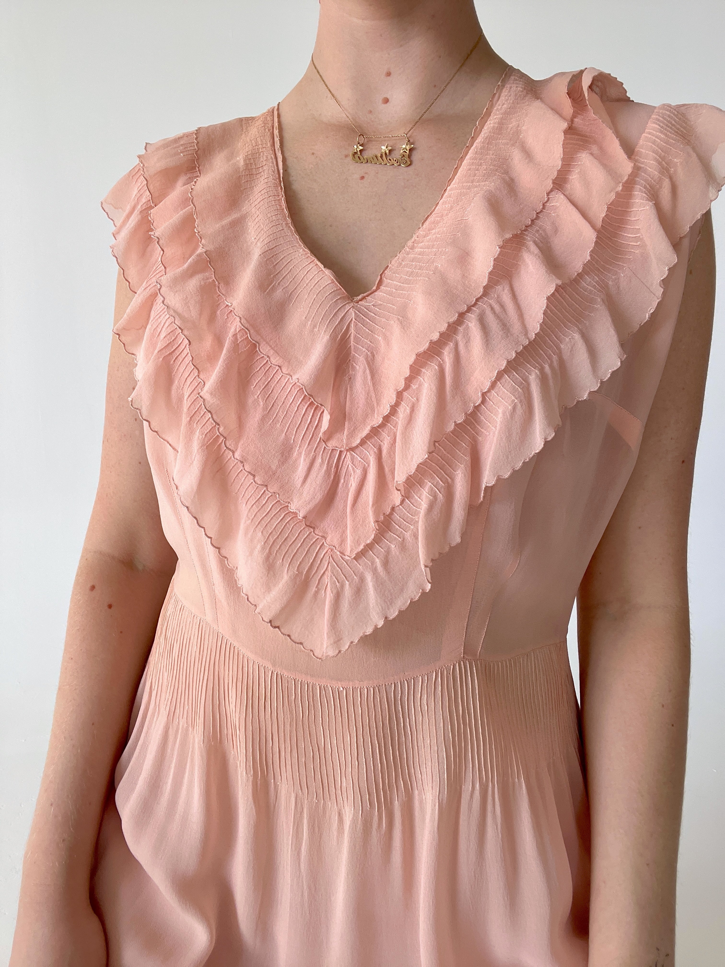 1930's Peachy Pink Silk Chiffon Dress With Ruffles