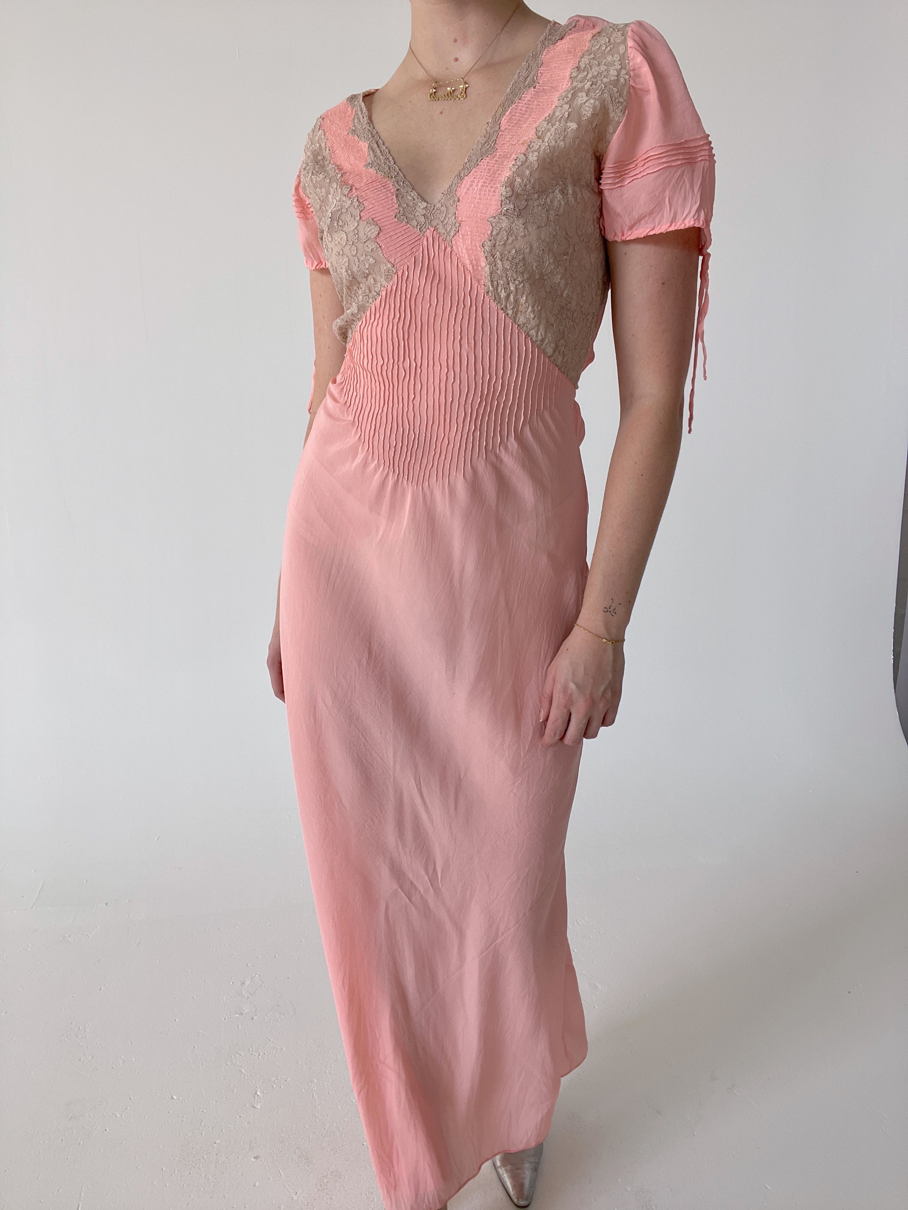 1930's Bright Pink Silk Dress with Cream Lace