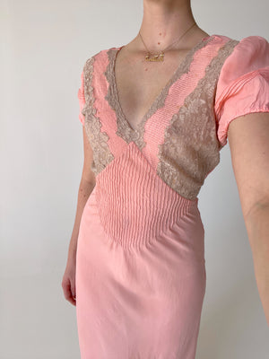 1930's Bright Pink Silk Dress with Cream Lace