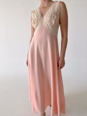 1930's Pink Silk Dress with White Floral Lace Appliqué