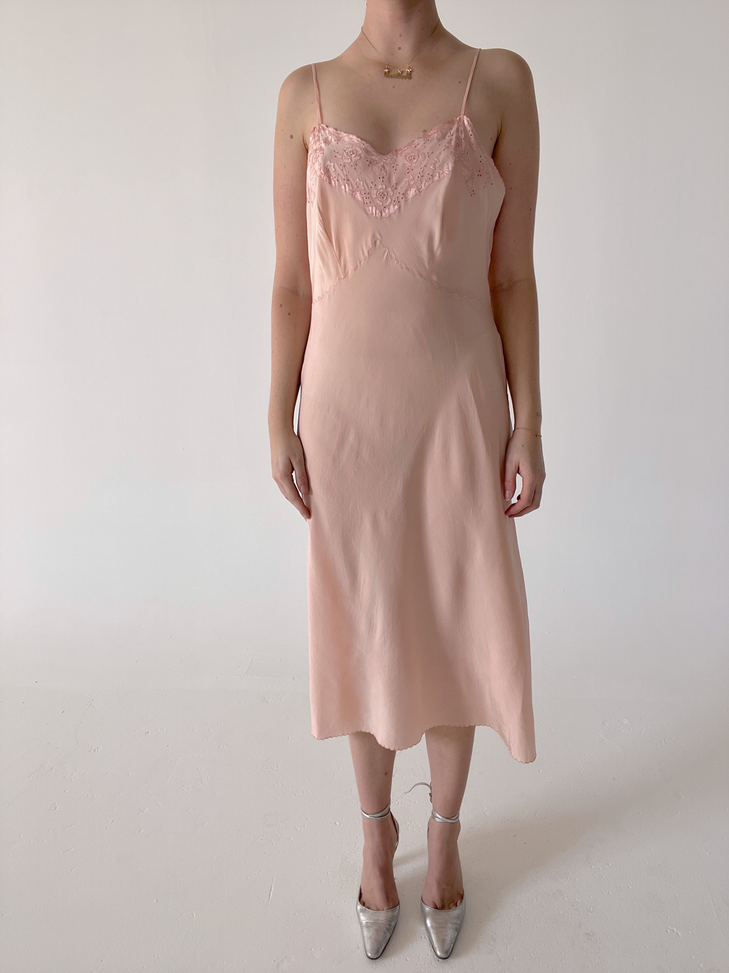 1930's Pink Silk Slip With Hand Done Embroidery