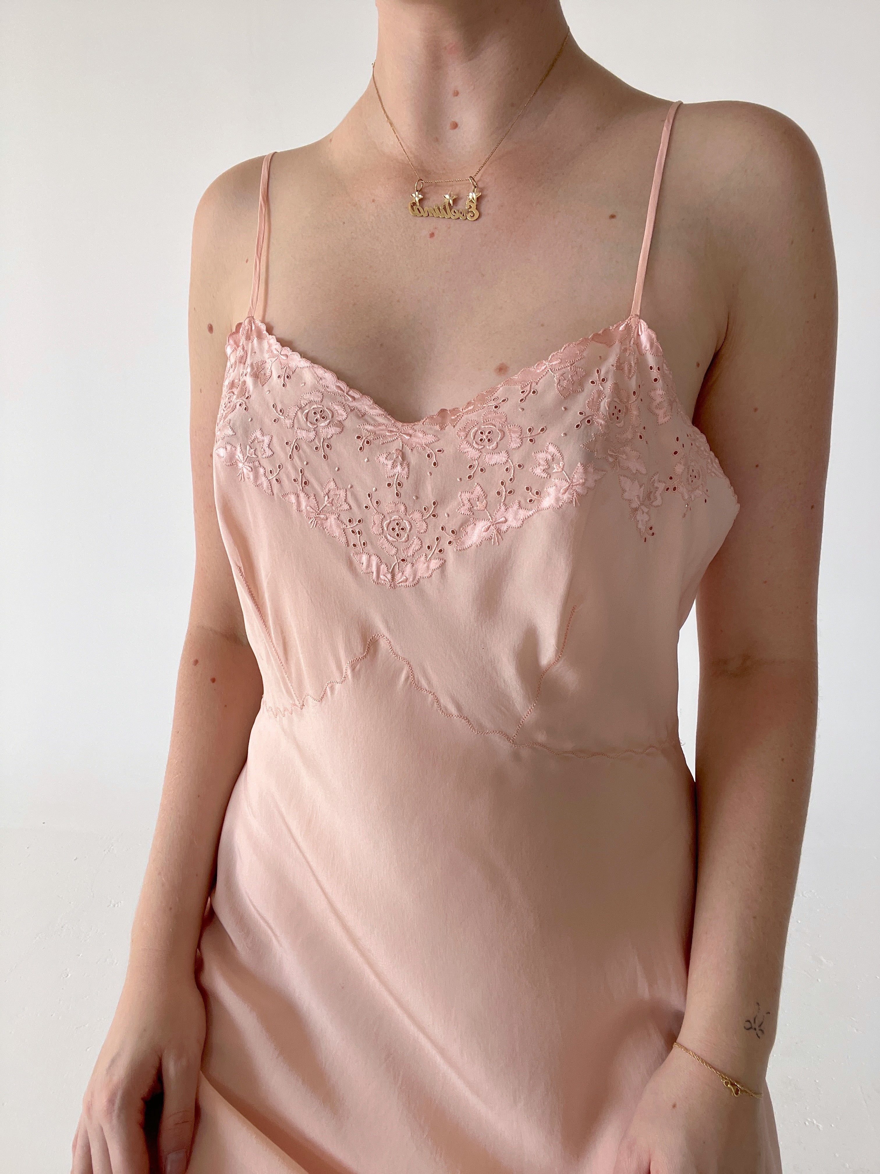 1930's Pink Silk Slip With Hand Done Embroidery