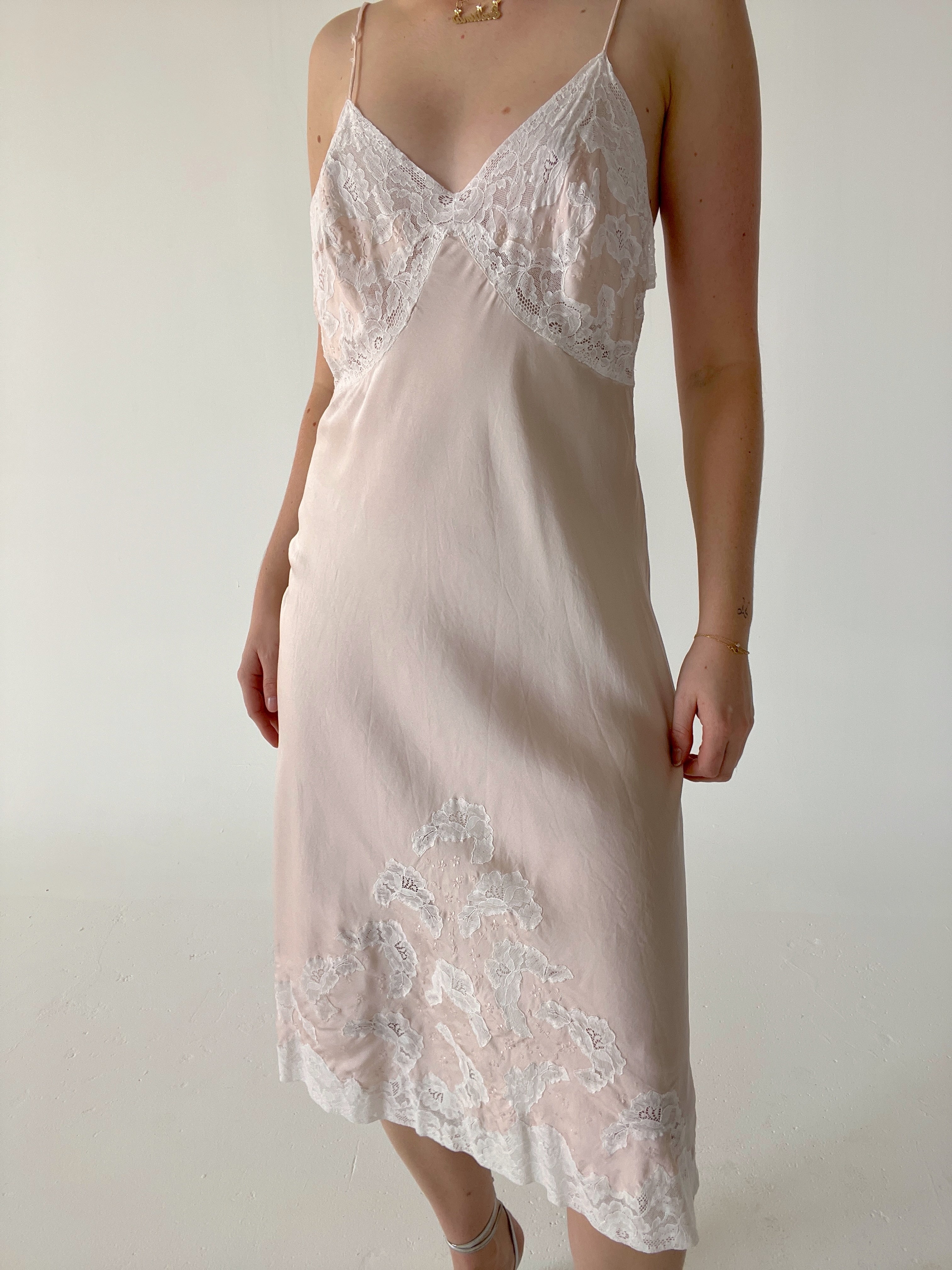 1930's Baby Pink Silk Slip With White Lace