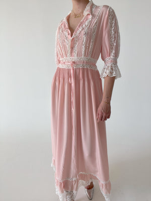 1930's Pink Silk Dress with White Lace and Embroidery